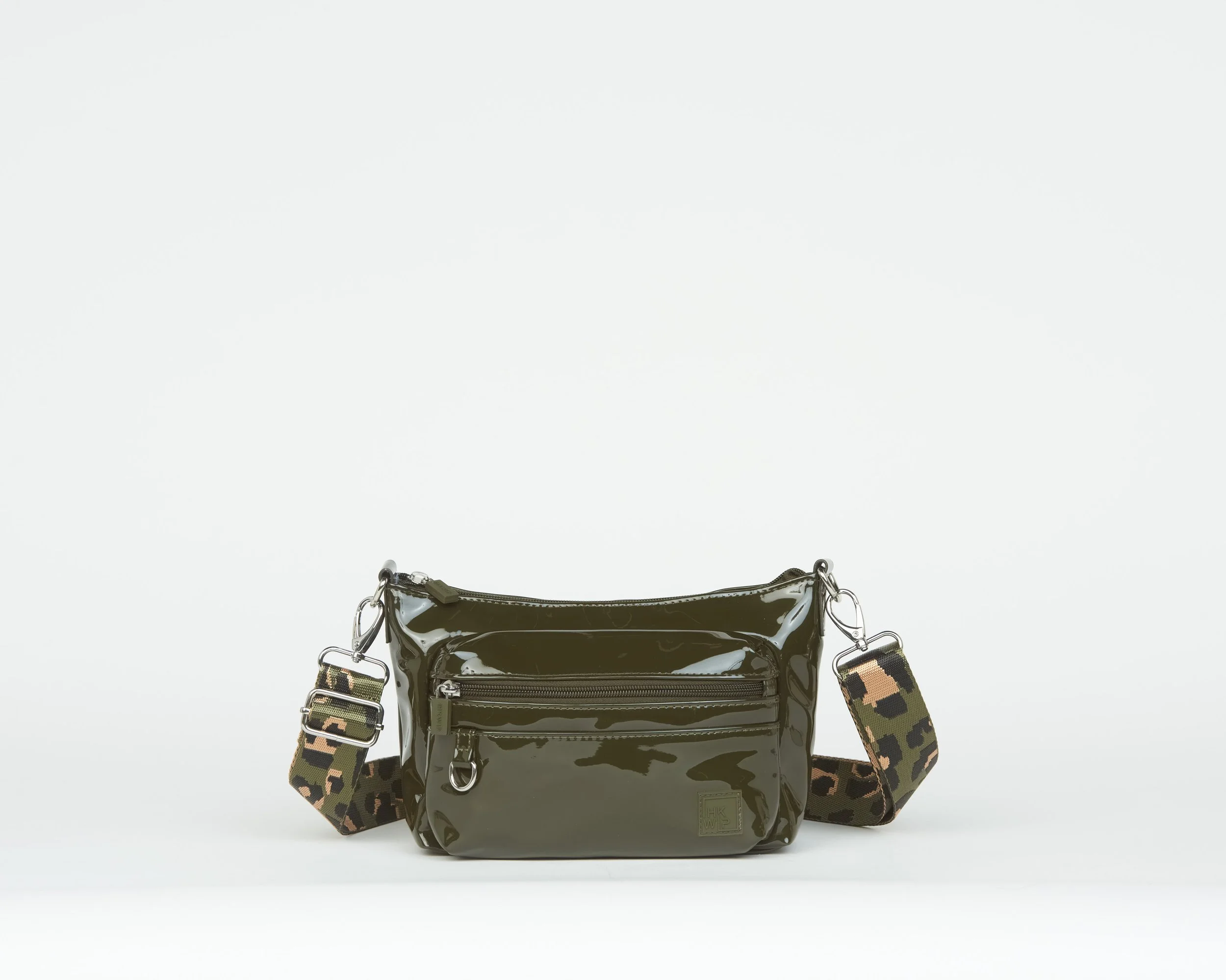 THE SPOT ON CROSSBODY WITH LEOPARD STRAP - PATENT MILITARY OLIVE