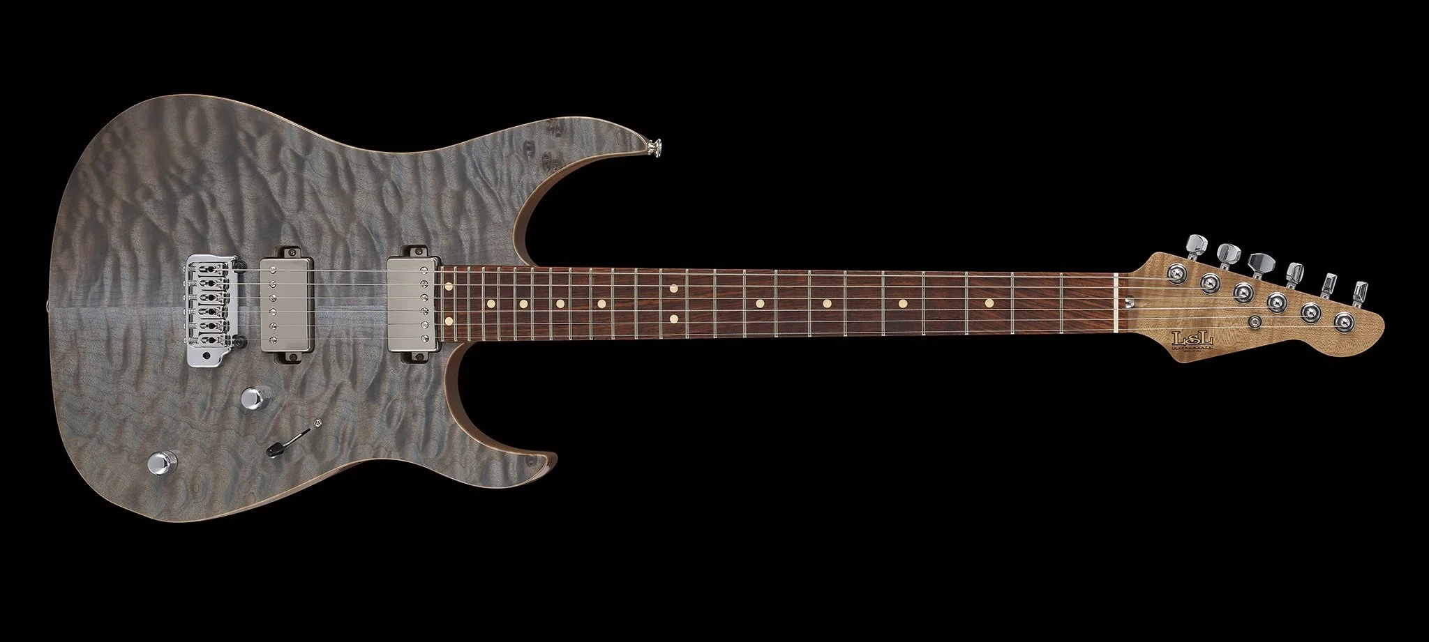 LSL Instruments XT models are modern super s style guitars with 22 or 24 frets and loads of exotic upgrade options. Cocobolo and black Limba, mahogany, quilted maple and custom finishes are common. Ebony or pale moon ebony  or macassar ebony availabl