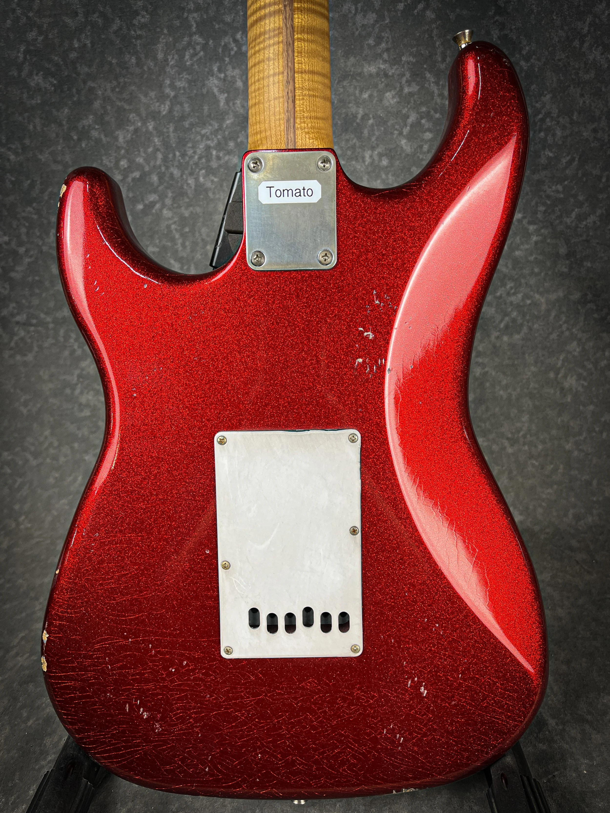 Buddy Blues signature Saticoy HSS with Candy Apple Red Sparkle Nitro Finish and roasted 5A flame maple neck