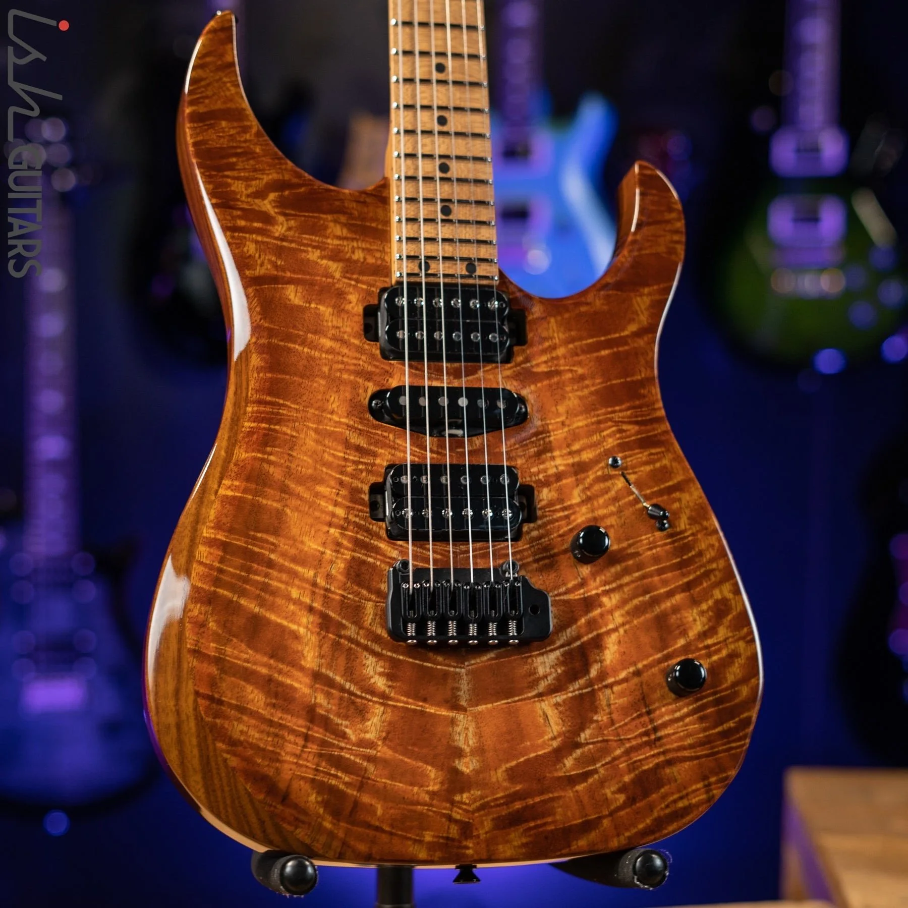 LSL Instruments XT models are modern super s style guitars with 22 or 24 frets and loads of exotic upgrade options. Cocobolo and black Limba, mahogany, quilted maple and custom finishes are common. Ebony or pale moon ebony  or macassar ebony availabl