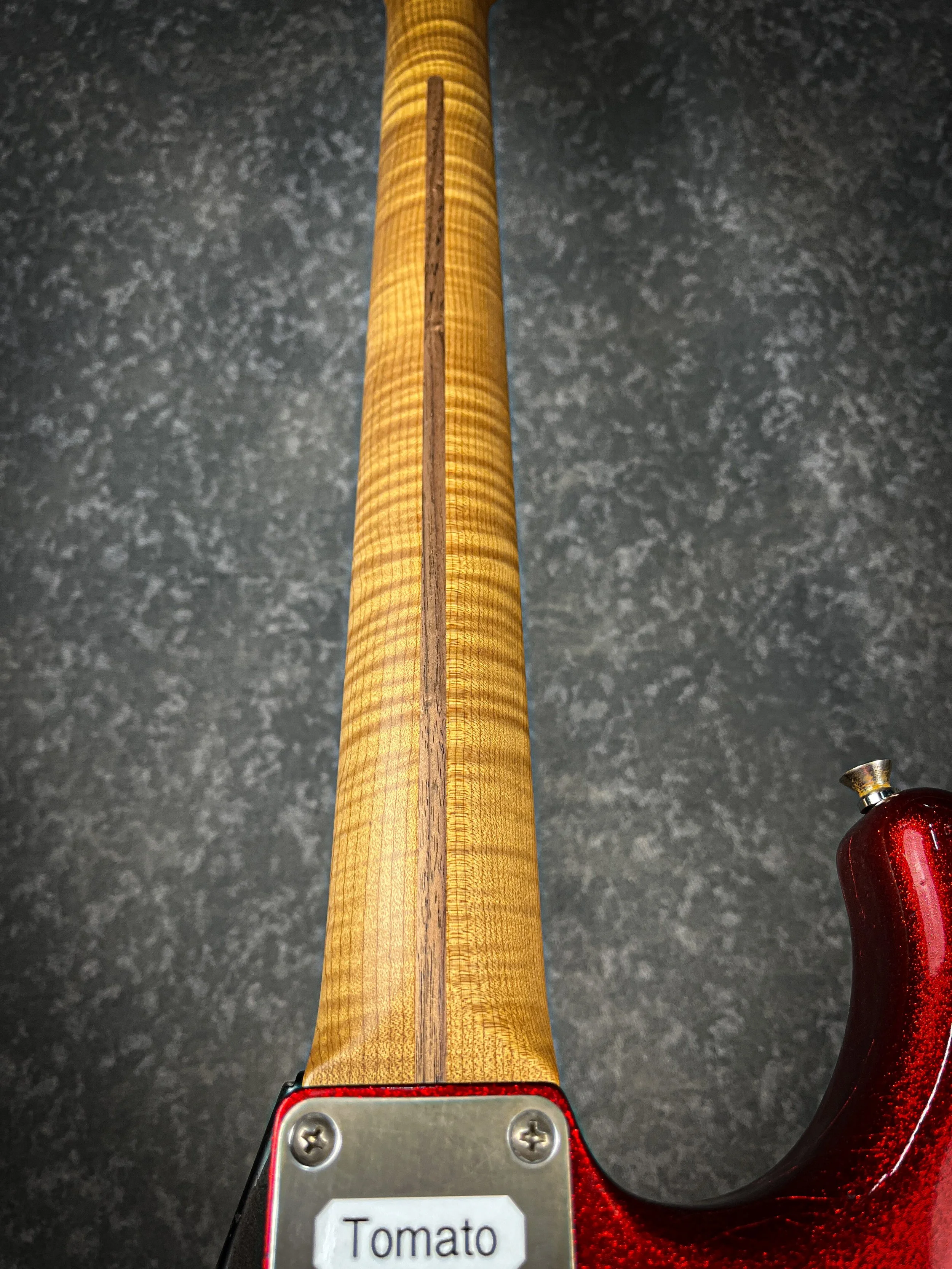 Buddy Blues signature Saticoy HSS with Candy Apple Red Sparkle Nitro Finish and roasted 5A flame maple neck