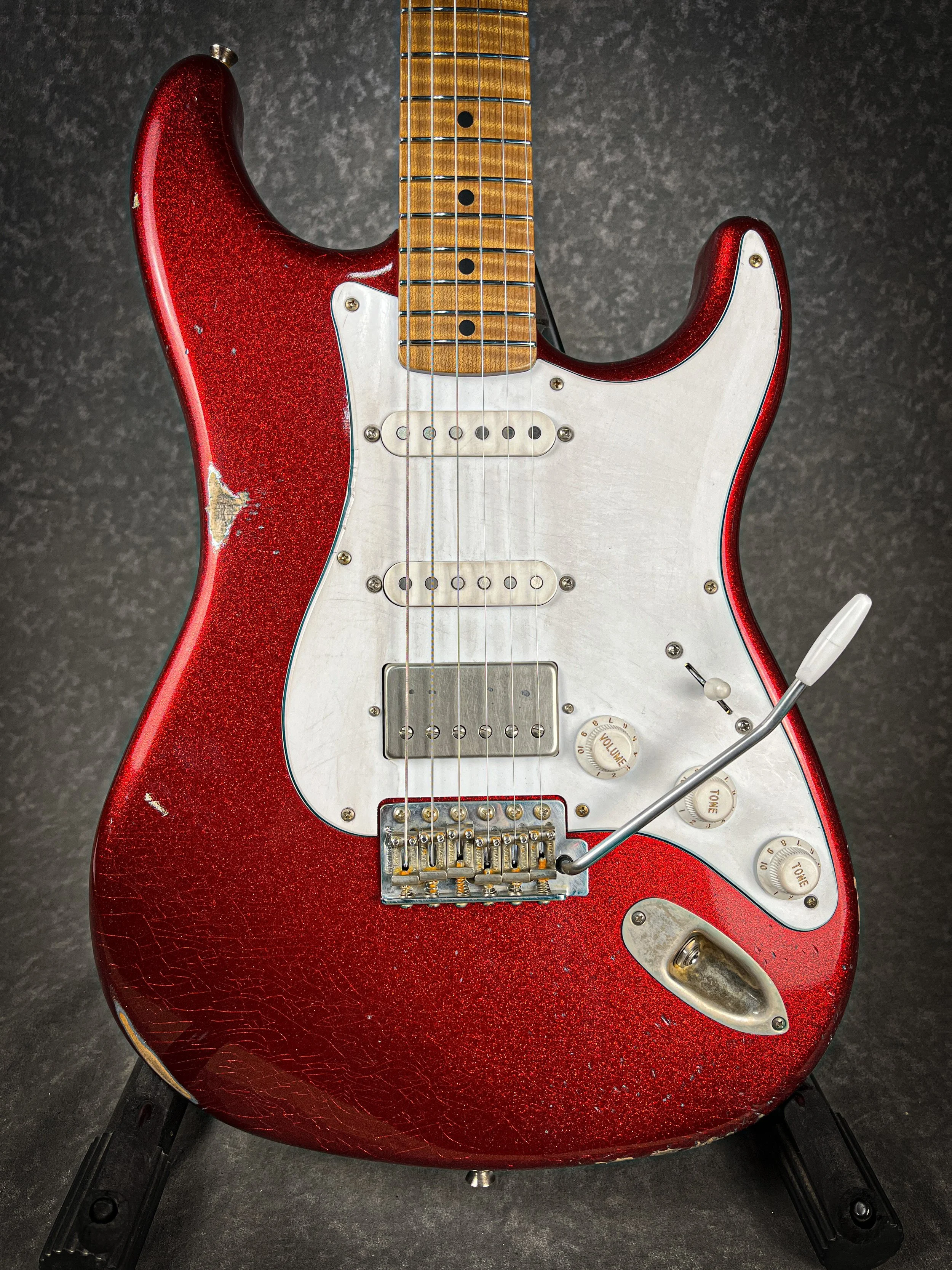 Buddy Blues signature Saticoy HSS with Candy Apple Red Sparkle Nitro Finish and roasted 5A flame maple neck