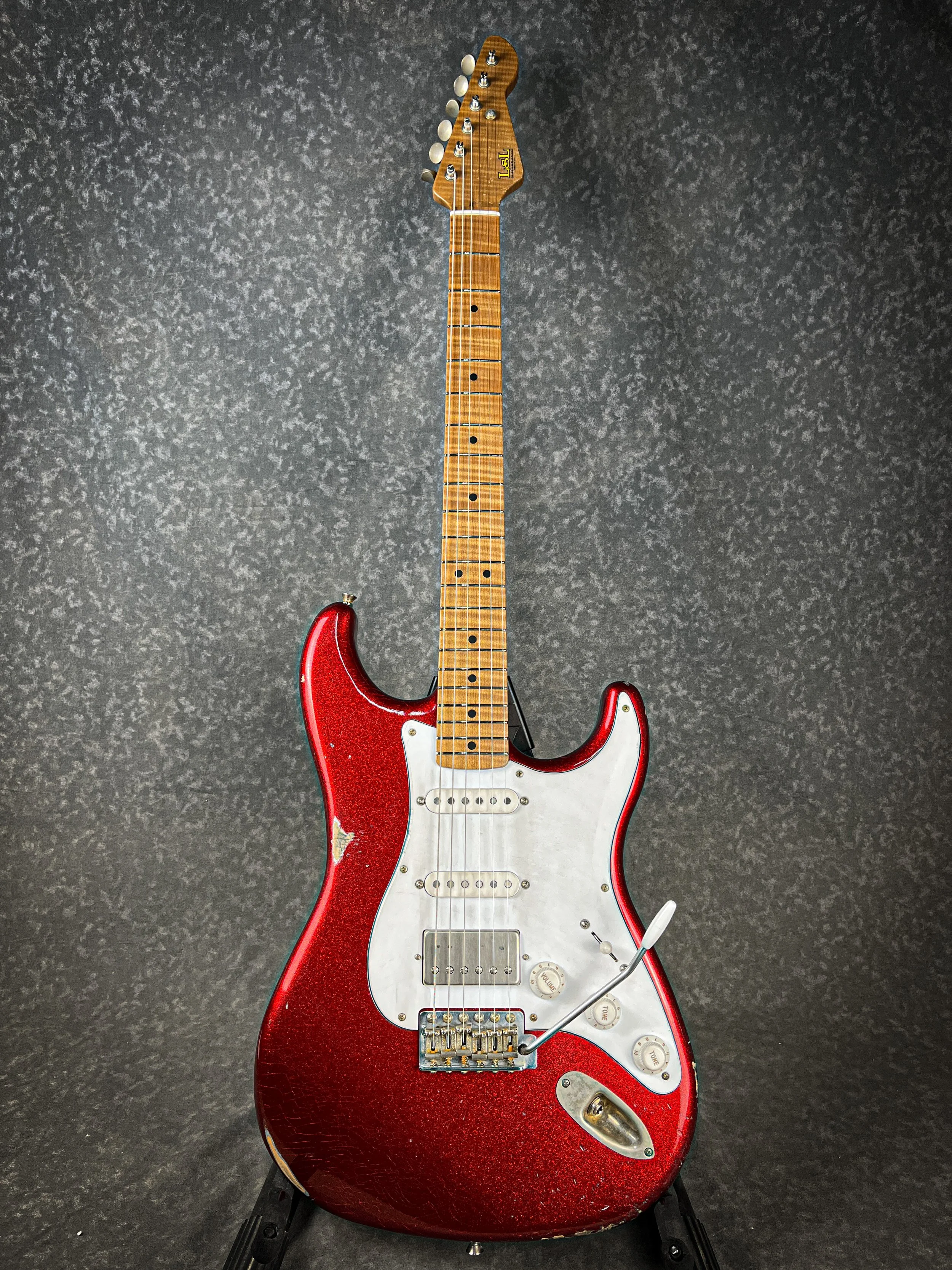Buddy Blues signature Saticoy HSS with Candy Apple Red Sparkle Nitro Finish and roasted 5A flame maple neck