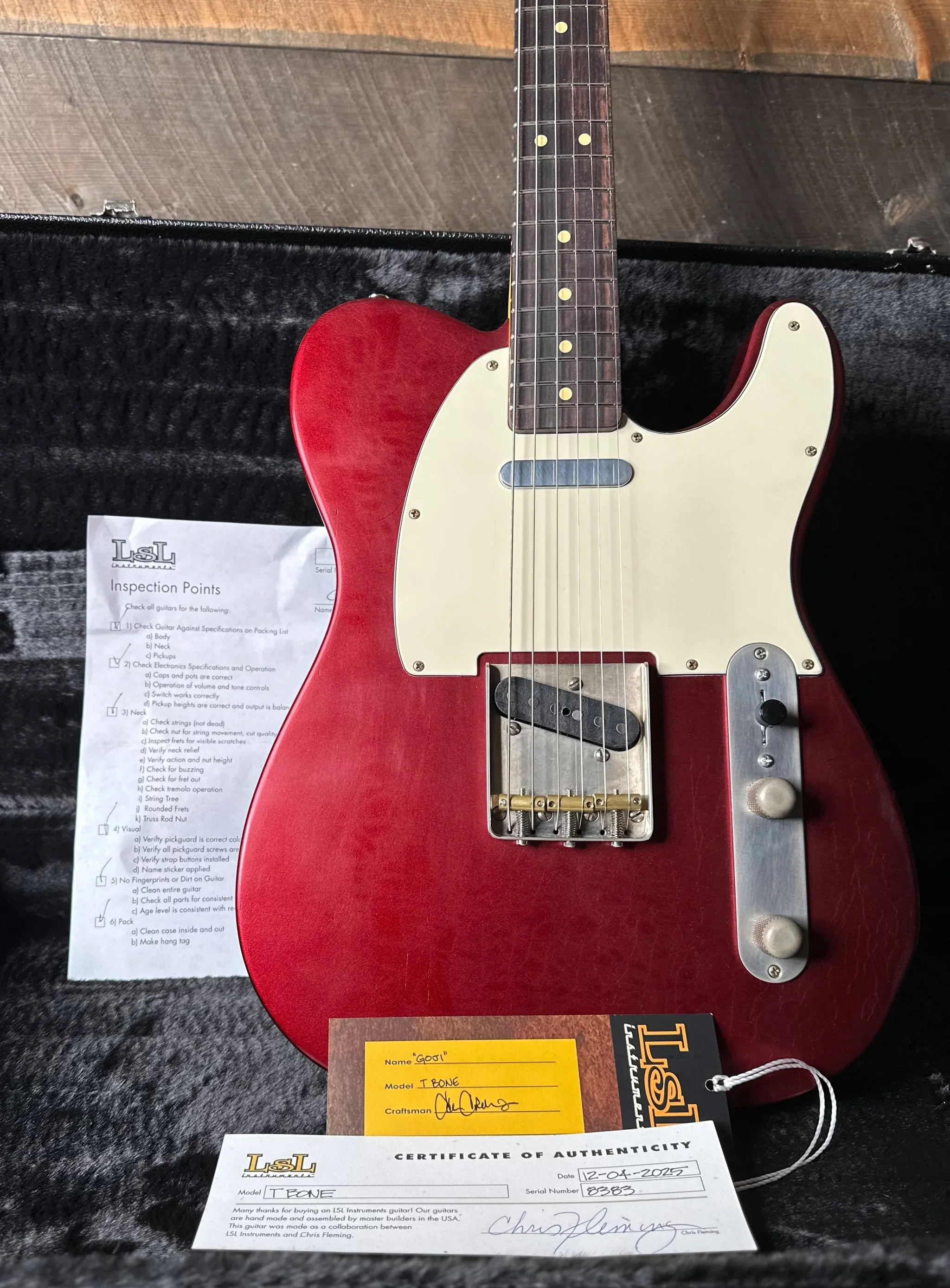 Chris Fleming Series by LSL Instruments. T bone Candy Apple Red with rosewood  board. Sold By Premier Dealer Quimper Sound