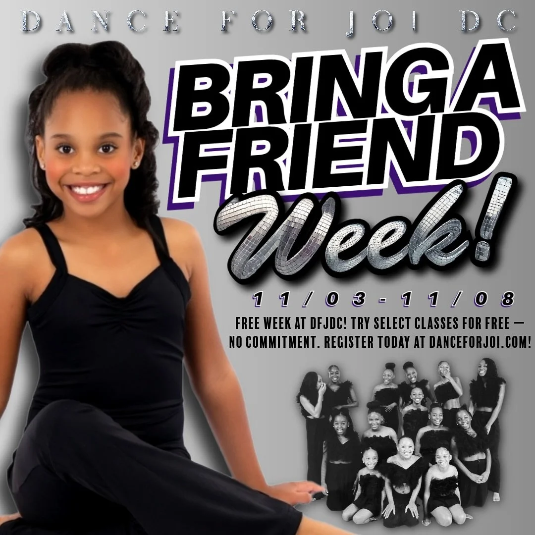 💜 Free Week at Dance for Joi DC!

Experience the JOI of dance &mdash; for free!

Join us for a full week of complimentary classes at Dance for Joi Dance Company. Whether you&rsquo;re a beginner finding your rhythm or a returning dancer ready to shin