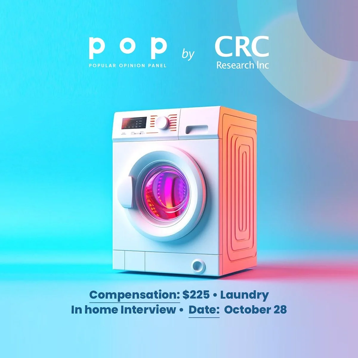 Let’s talk about laundry
 
We are conducting paid in-home interviews on the topic of laundry
 
More info, including the pre-screening survey, can be found at the link in our bio ‼️
 
[Image description: The background is blue. There is a washin