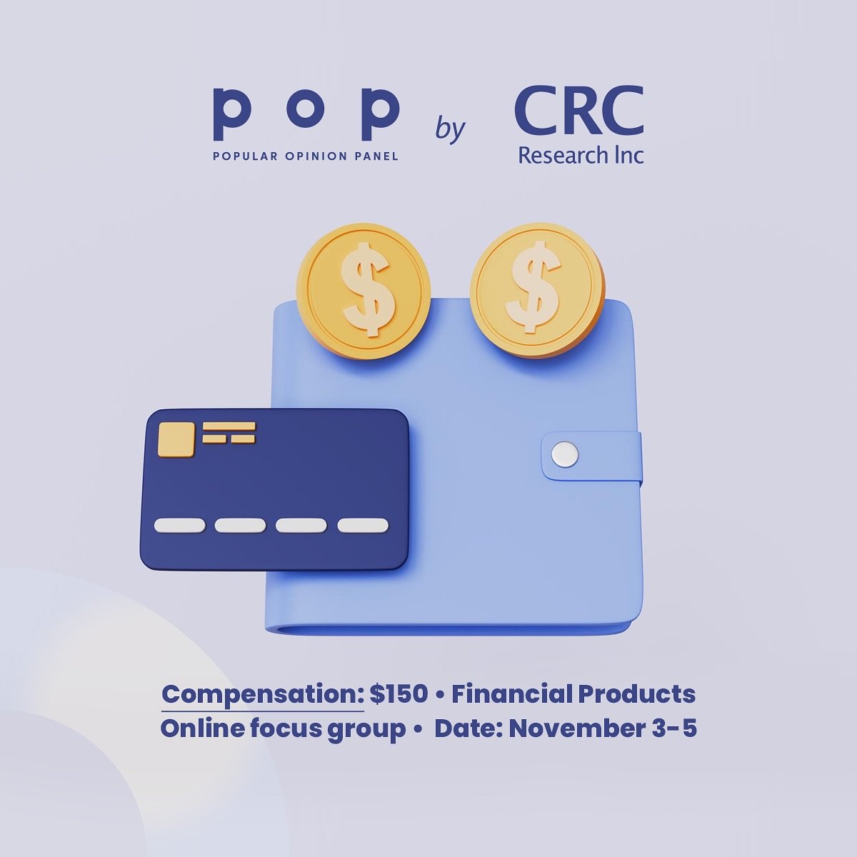 Tell us about your habits
 
We are conducting paid online focus group on the topic of financial products.
 
More info, including the pre-screening survey, can be found at the link in our bio ‼️
 
[Image description: The background is lilac. There is