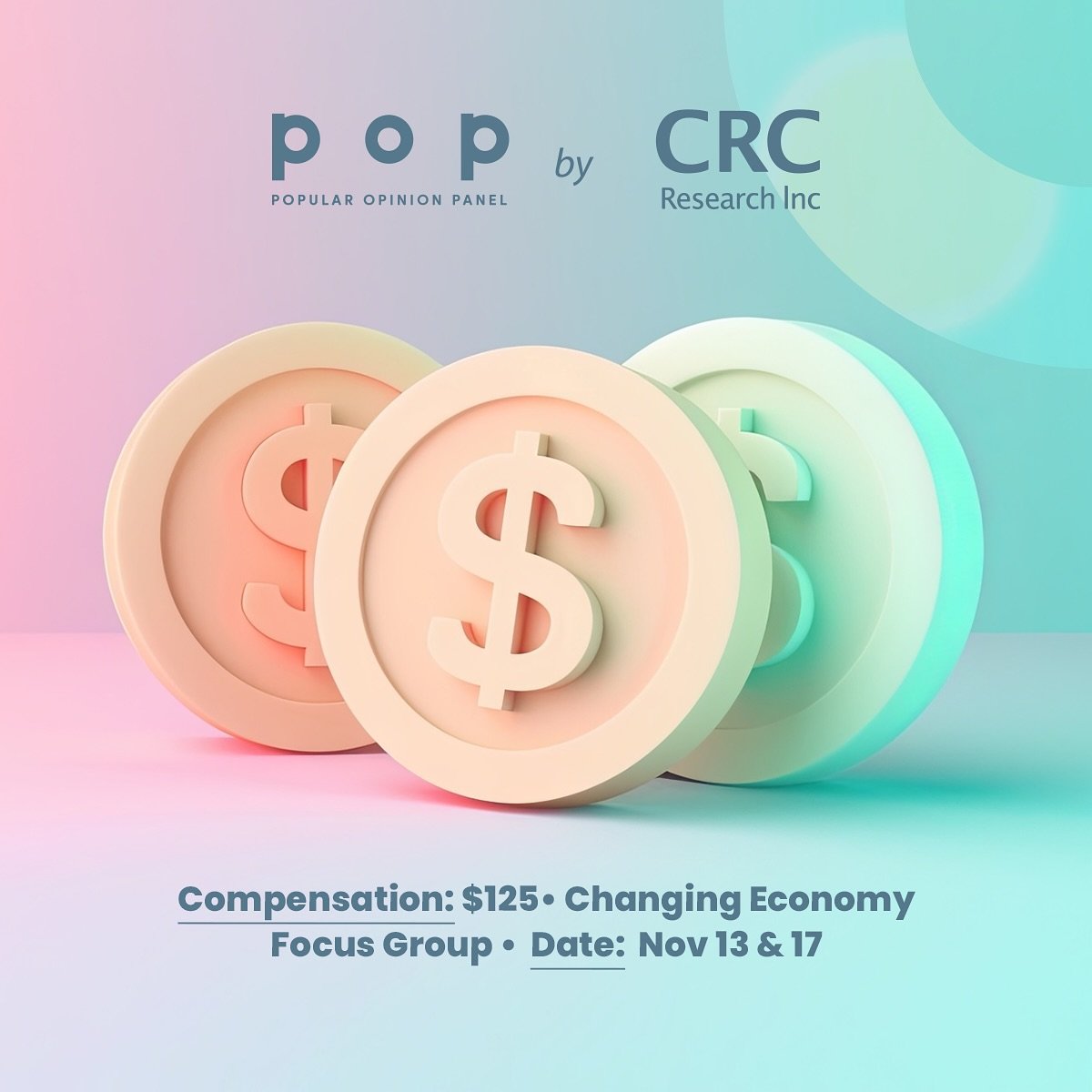 Hey Vancouver! 
 
We are conducting a paid online focus group on the topic of the changing economy.
 
More info, including the pre-screening survey, can be found at the link in our bio ‼️
 
[Image description: The background is pink and blue. There a