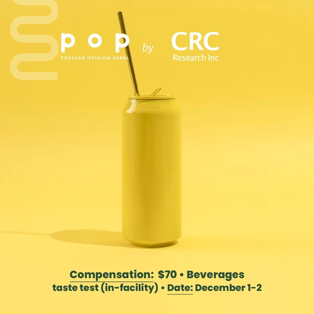 You&rsquo;re going to love this study!
 
We are conducting a paid taste test on the topic of beverages.
 
More info, including the pre-screening survey, can be found at the link in our bio ‼️
 
[Image description: The background is yellow. There is a
