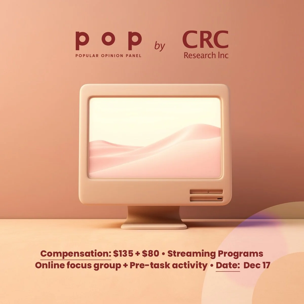 We want to hear from you.
 
We are conducting a paid online focus group on the topic of Streaming Programs.
 
More info, including the pre-screening survey, can be found at the link in our bio ‼️
 
[Image description: The background is salmon color. 