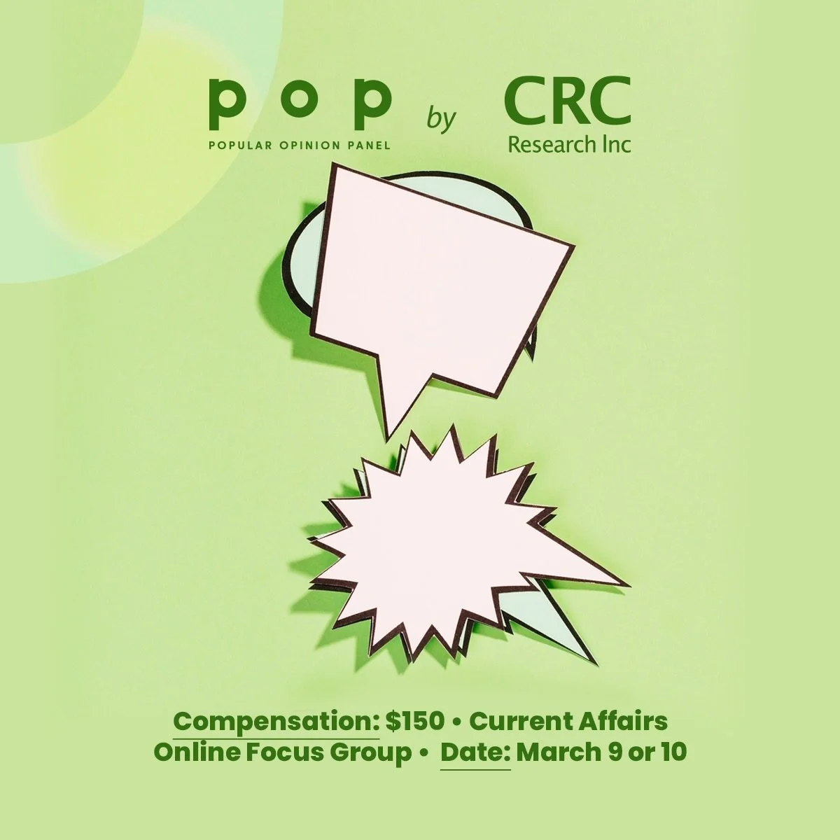 We want to hear your opinion
 
We are conducting a paid online focus group on the topic of Current Affairs.
 
More info, including the pre-screening survey, can be found at the link in our bio ‼️
 
[Image description: The background is green. There a