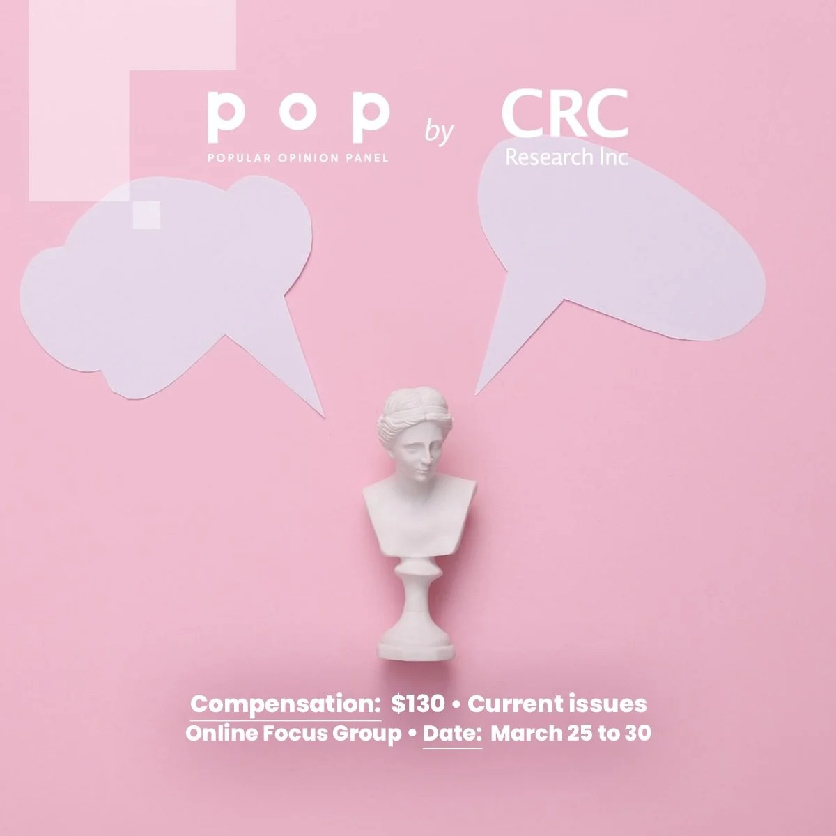 Hi Ontario 
 
We are conducting a paid online focus group on the topic of current issues.
 
More info, including the pre-screening survey, can be found at the link in our bio ‼️
 
[Image description: The background is pink. There is a statue with two