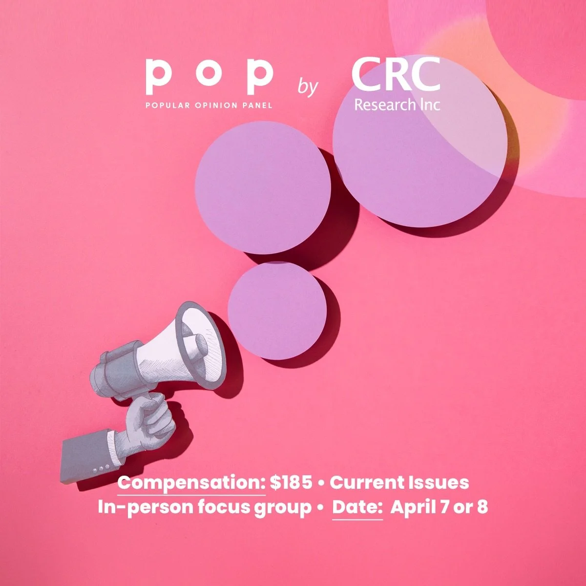 Your opinion is very important
 
We are conducting a paid in-person focus group on the topic of Current Events.
 
More info, including the pre-screening survey, can be found at the link in our bio ‼️
 
[Image description: The background is pink. Ther