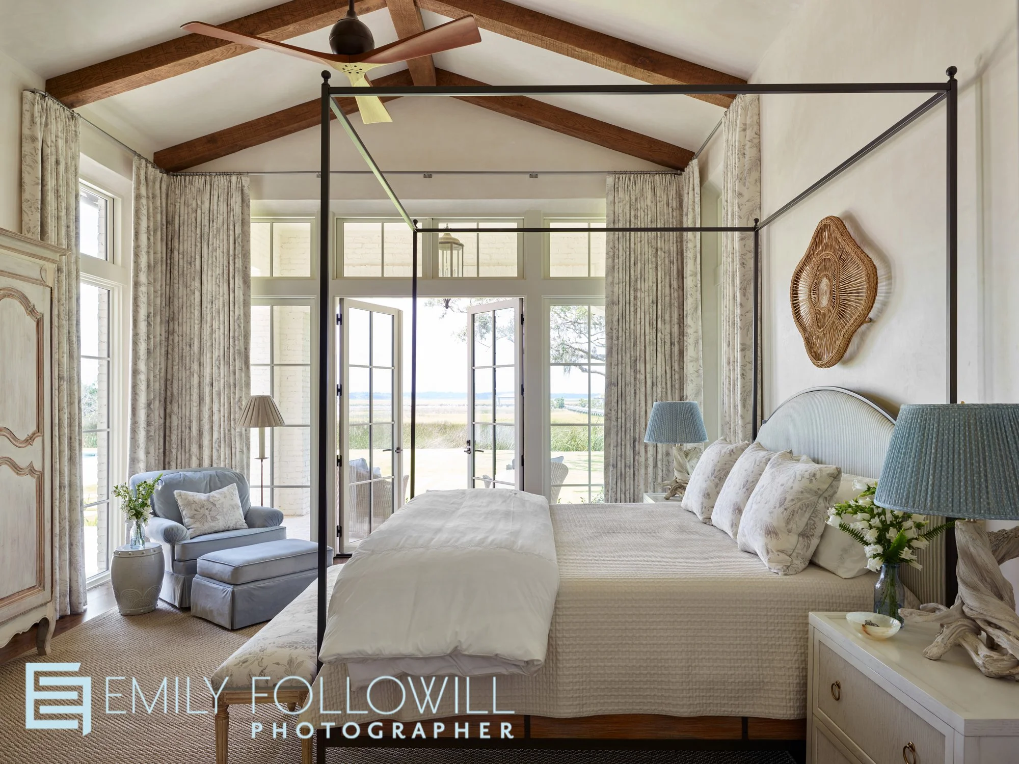 Large primary bedroom overlooking the marsh in  Sea Island Georgia. 