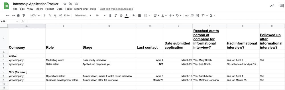 A single Excel spreadsheet can allow you to keep track of your internship  or job search in one place — Intern From Home