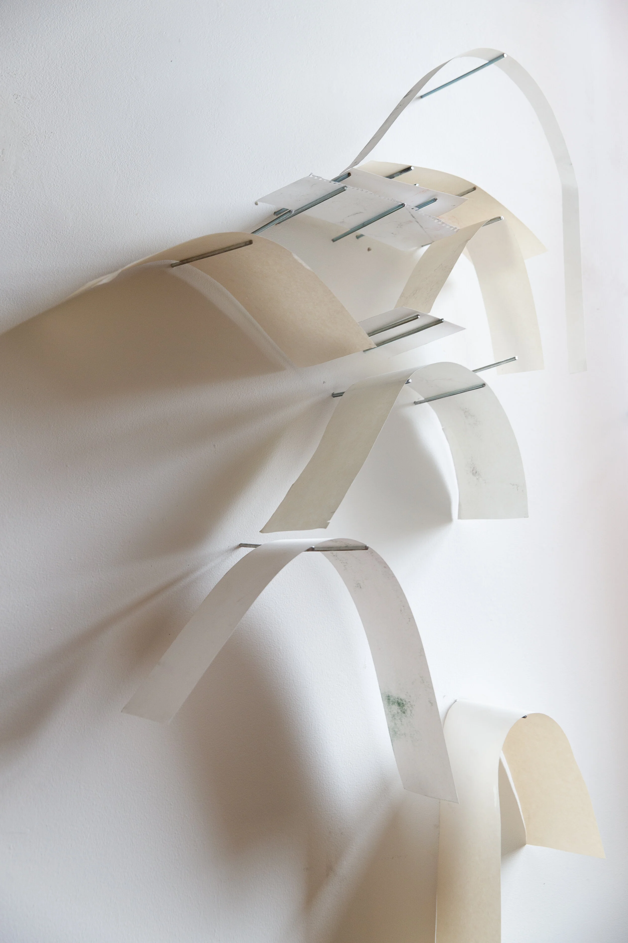   Language of unfixed structures (going),  2018, paper off-cuts, threaded steel rod, packaging wire, aluminium sheet  Photo credit: James Field  