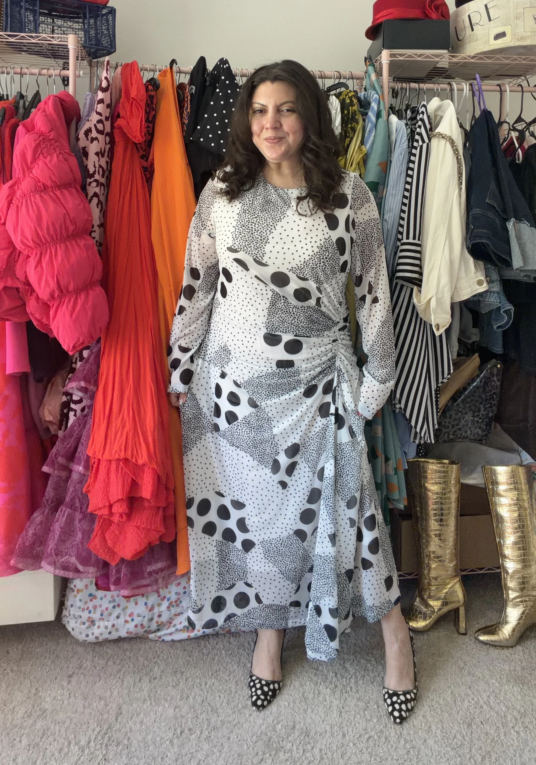 Anthropologie Long Sleeved Ruched Midi Dress in Polka Dot