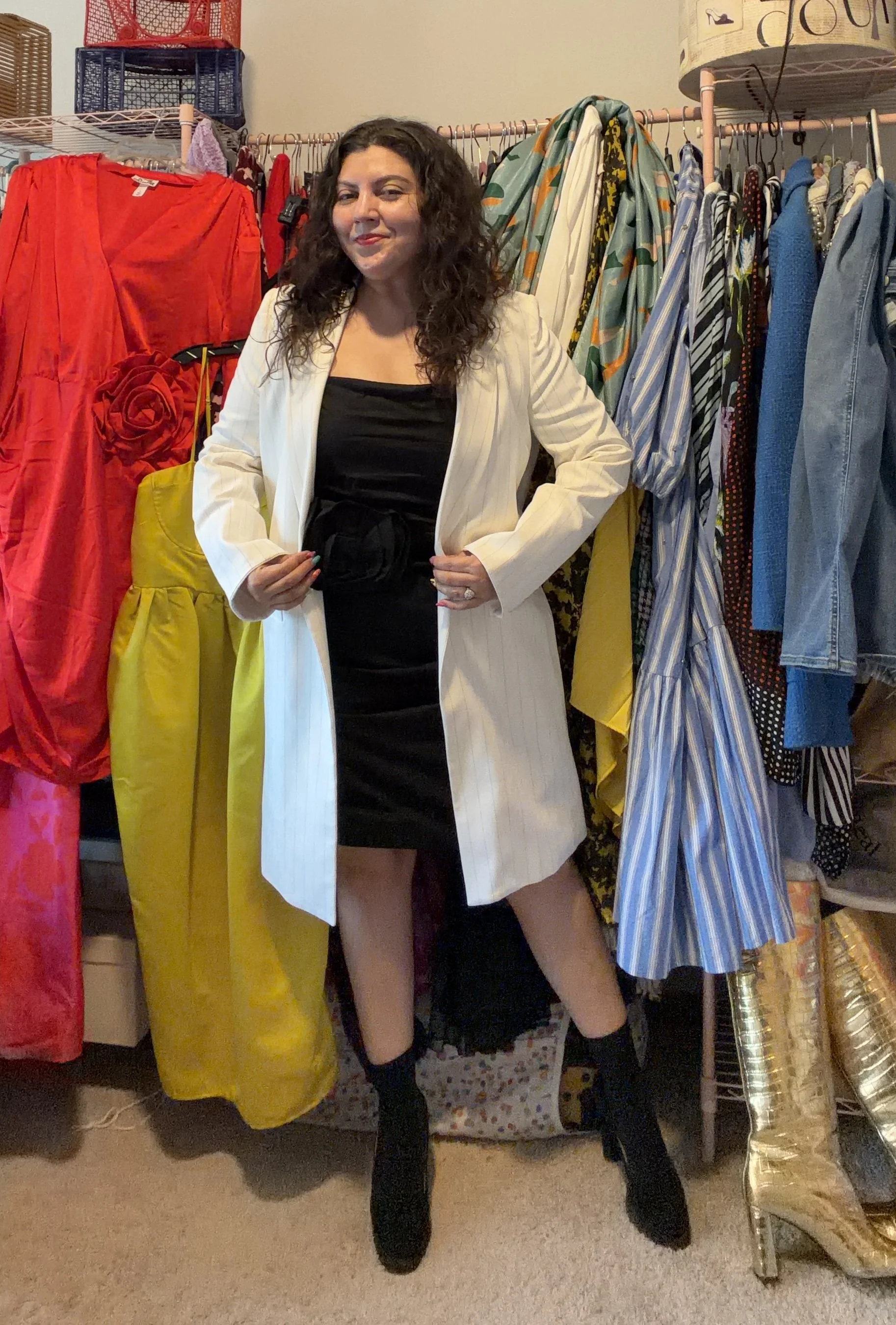 Alice Olivia Long Blazer Over Rosette Dress