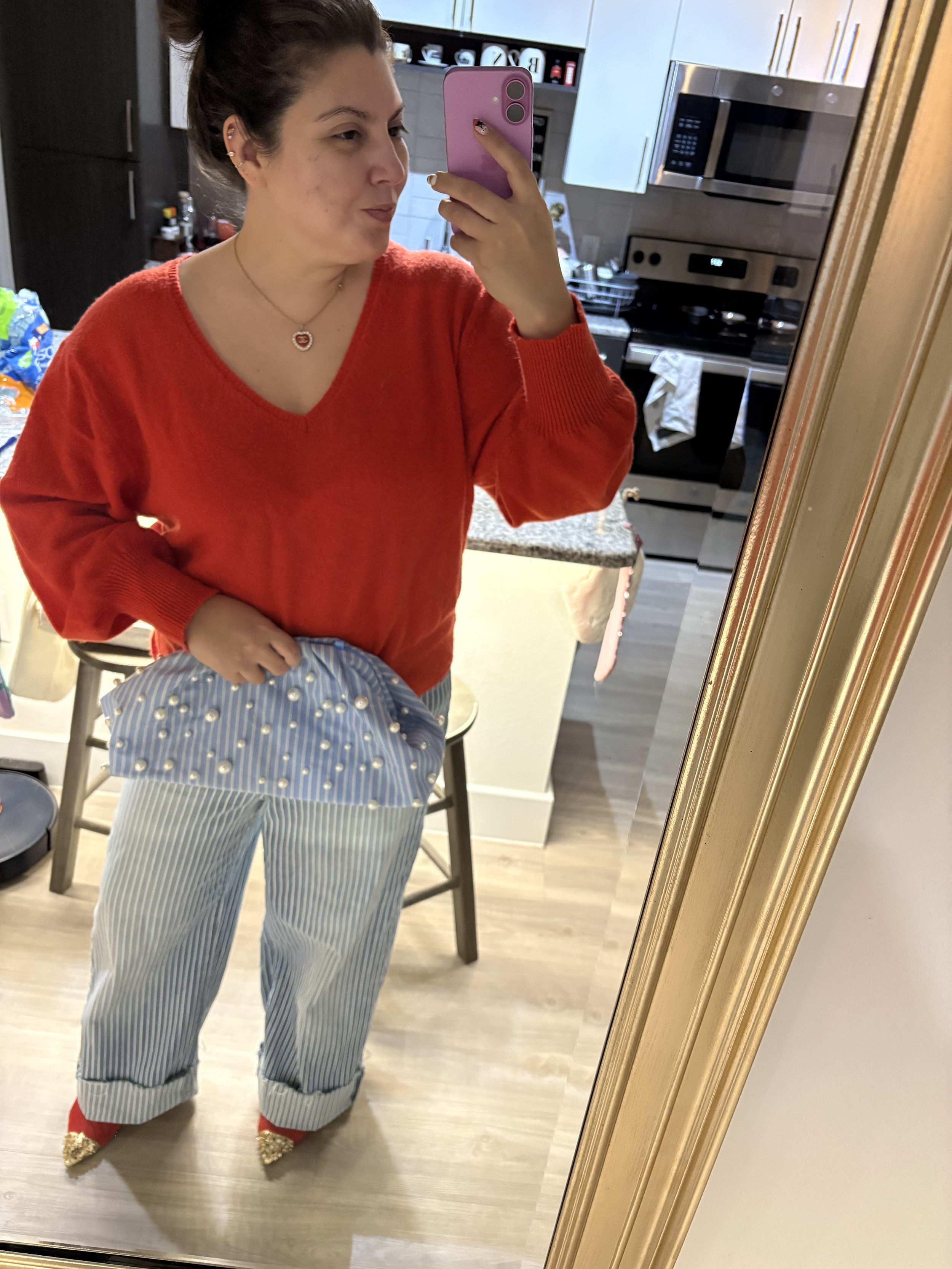 Aqua Pinstripe Jeans Selfie