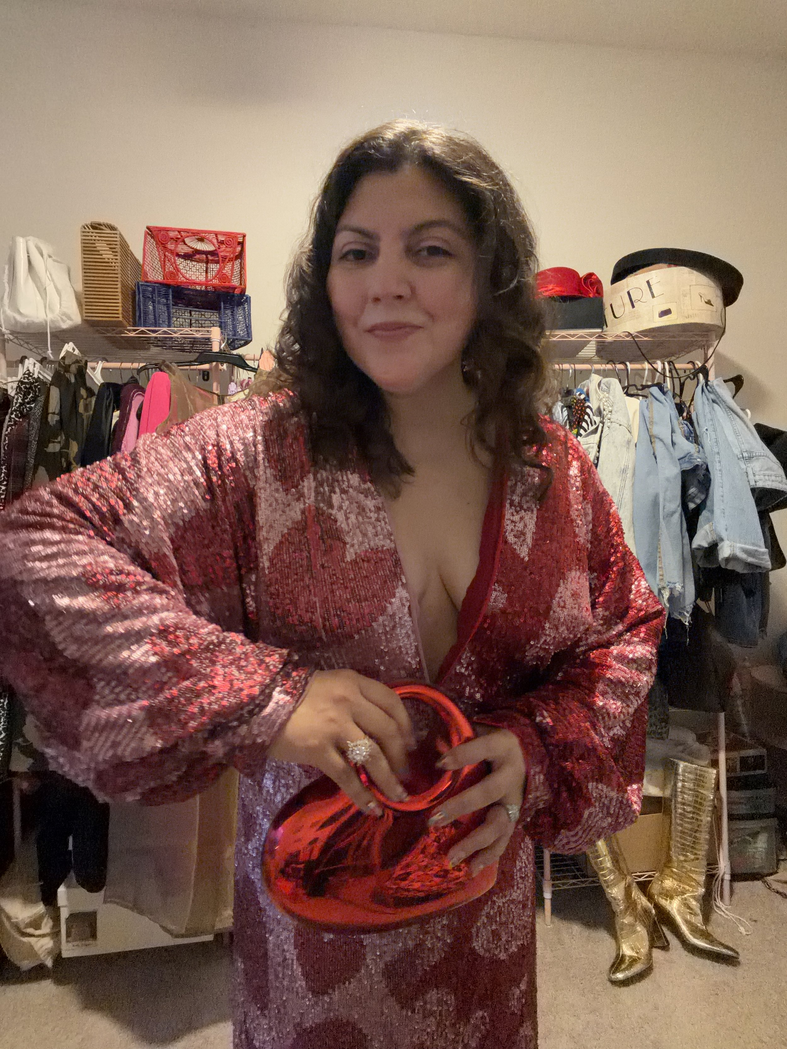 Sequin Farm Rio dress close up along with Target heart clutch