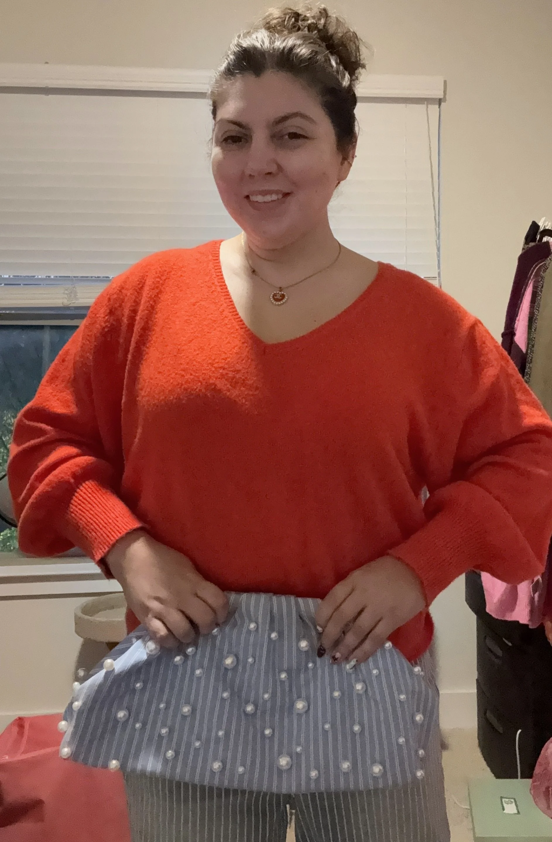 Aqua Pinstripe Jeans and Anthro Pearl Clutch