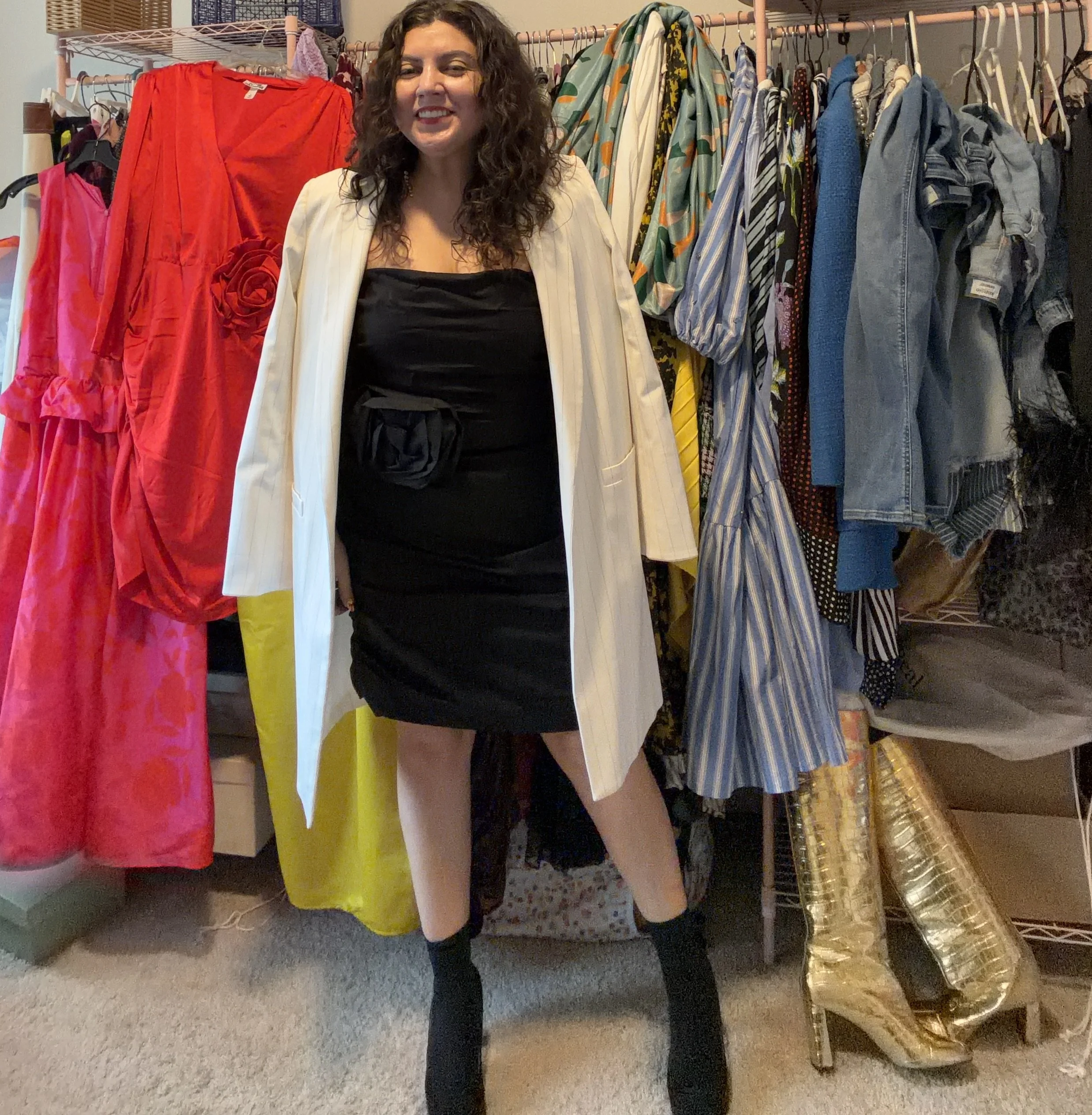 Alice Olivia Blazer and Steve Madden Rosette Dress.