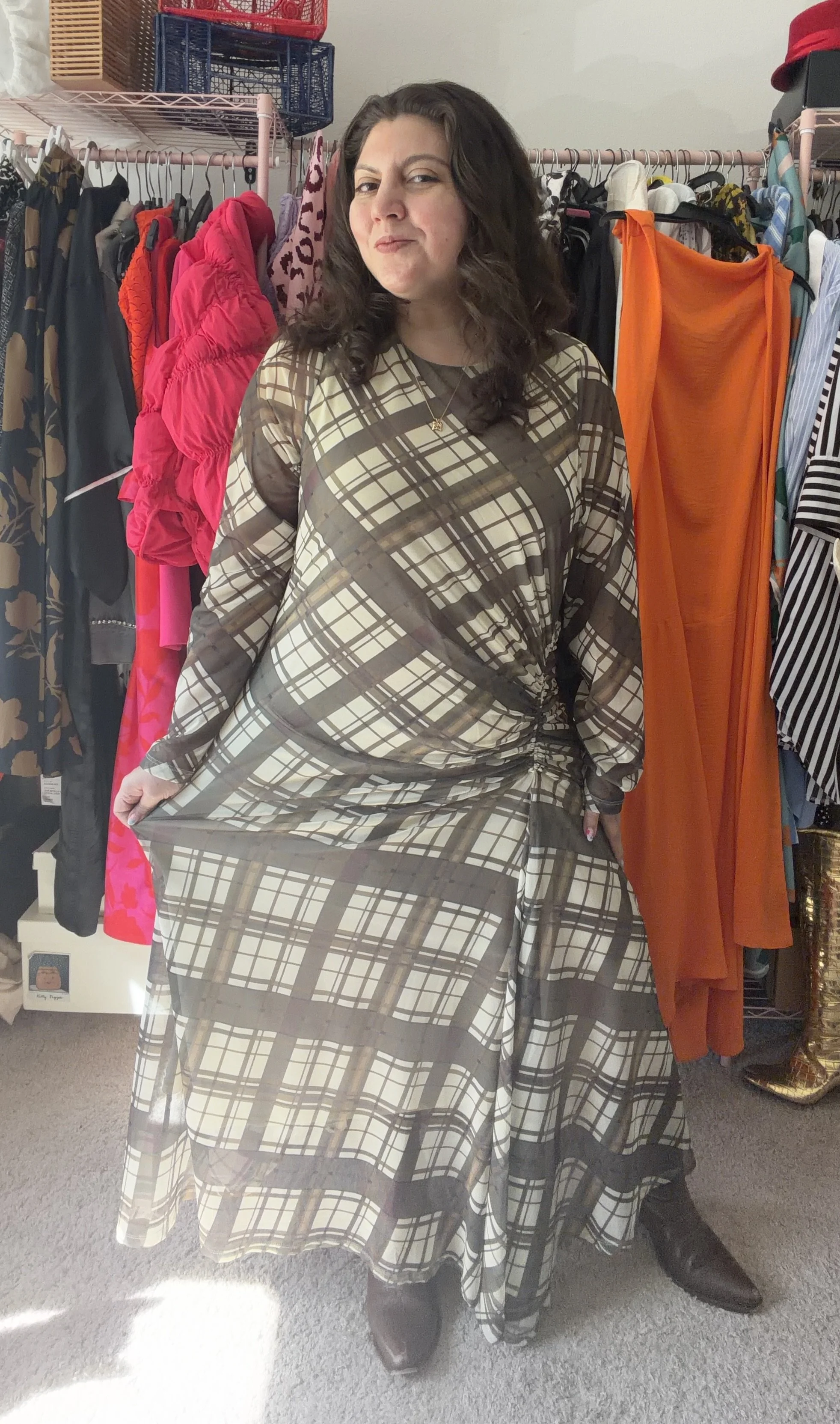 Plaid Long Sleeve Ruched Midi Dress