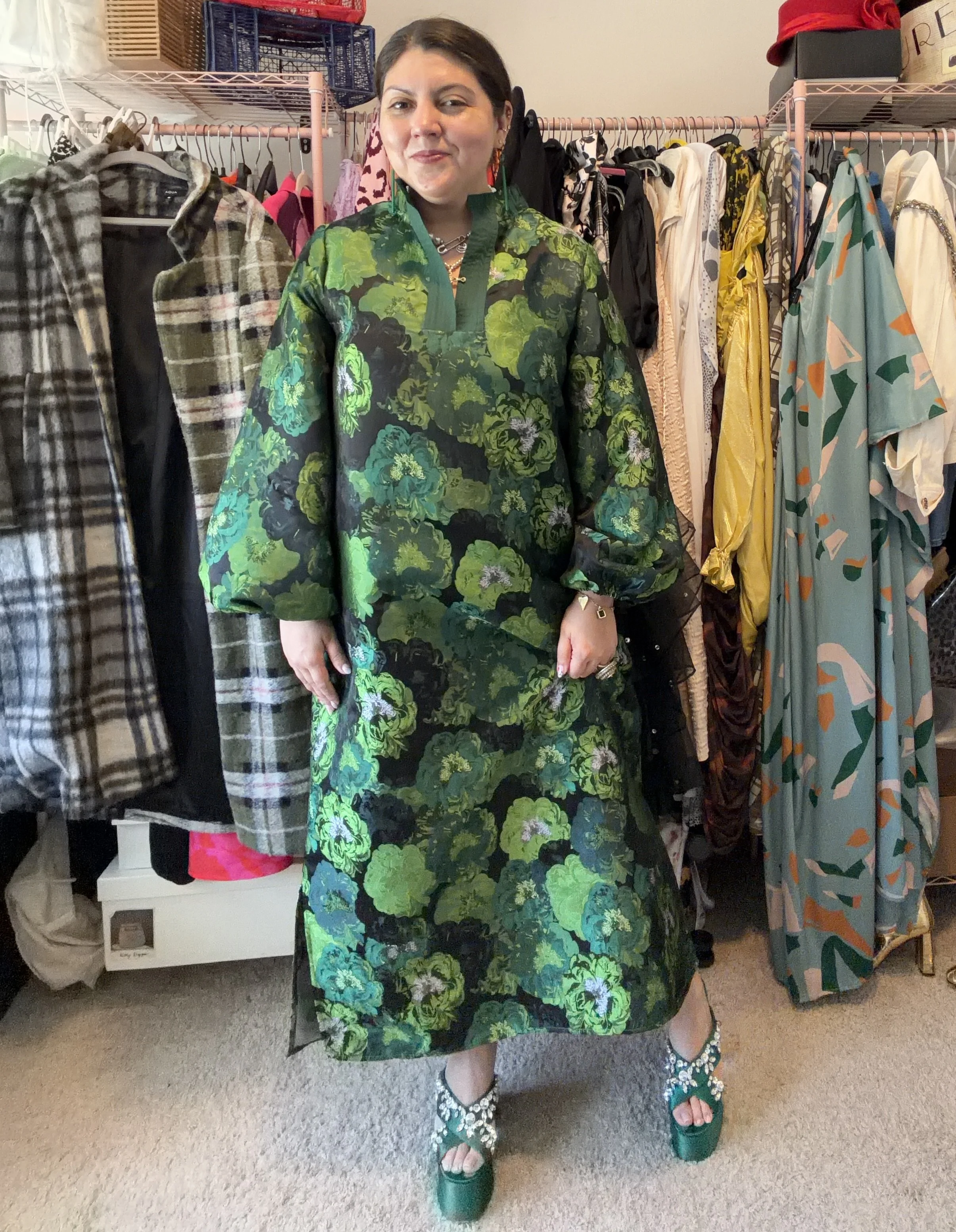 Cowtown Couture Green Caftan with Miu Miu Green Platforms.