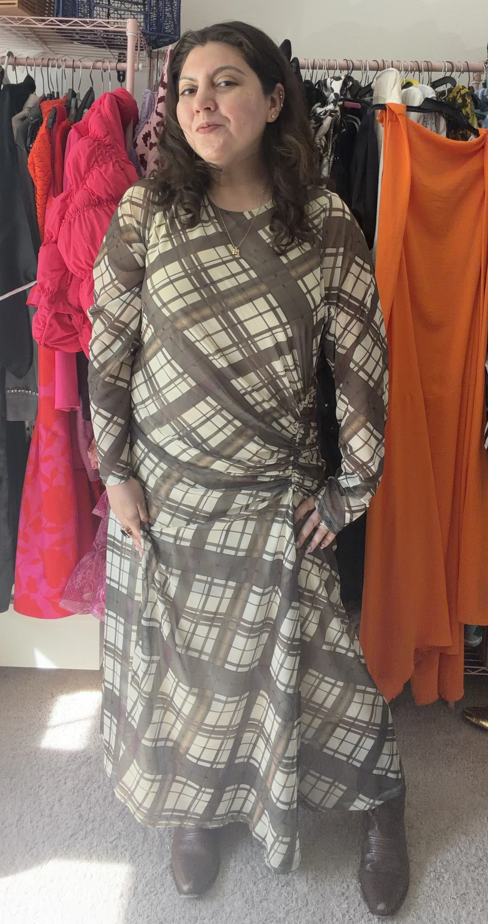 By Anthropologie Long-Sleeve Ruched Mesh Midi Dress Plaid