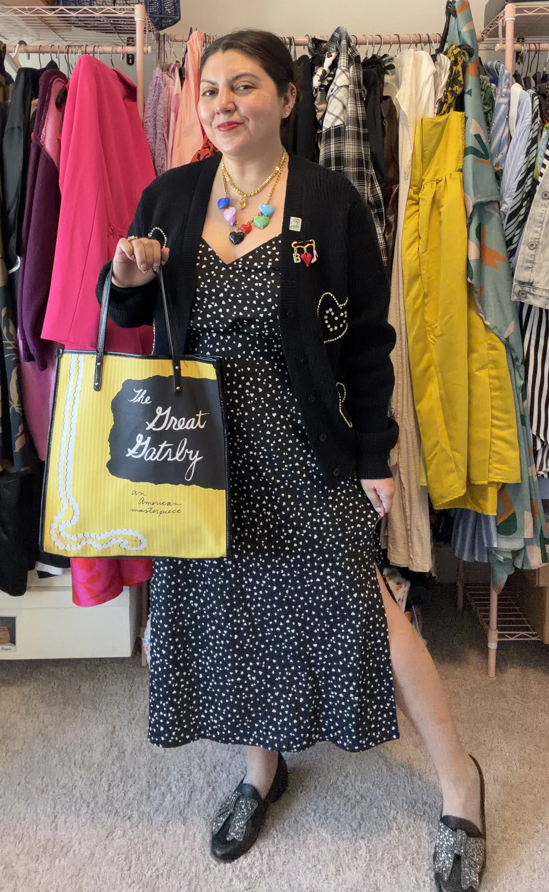 Black and white heart Target skirt and top with heart sweater and Kate Spade Great Gatsby bag.