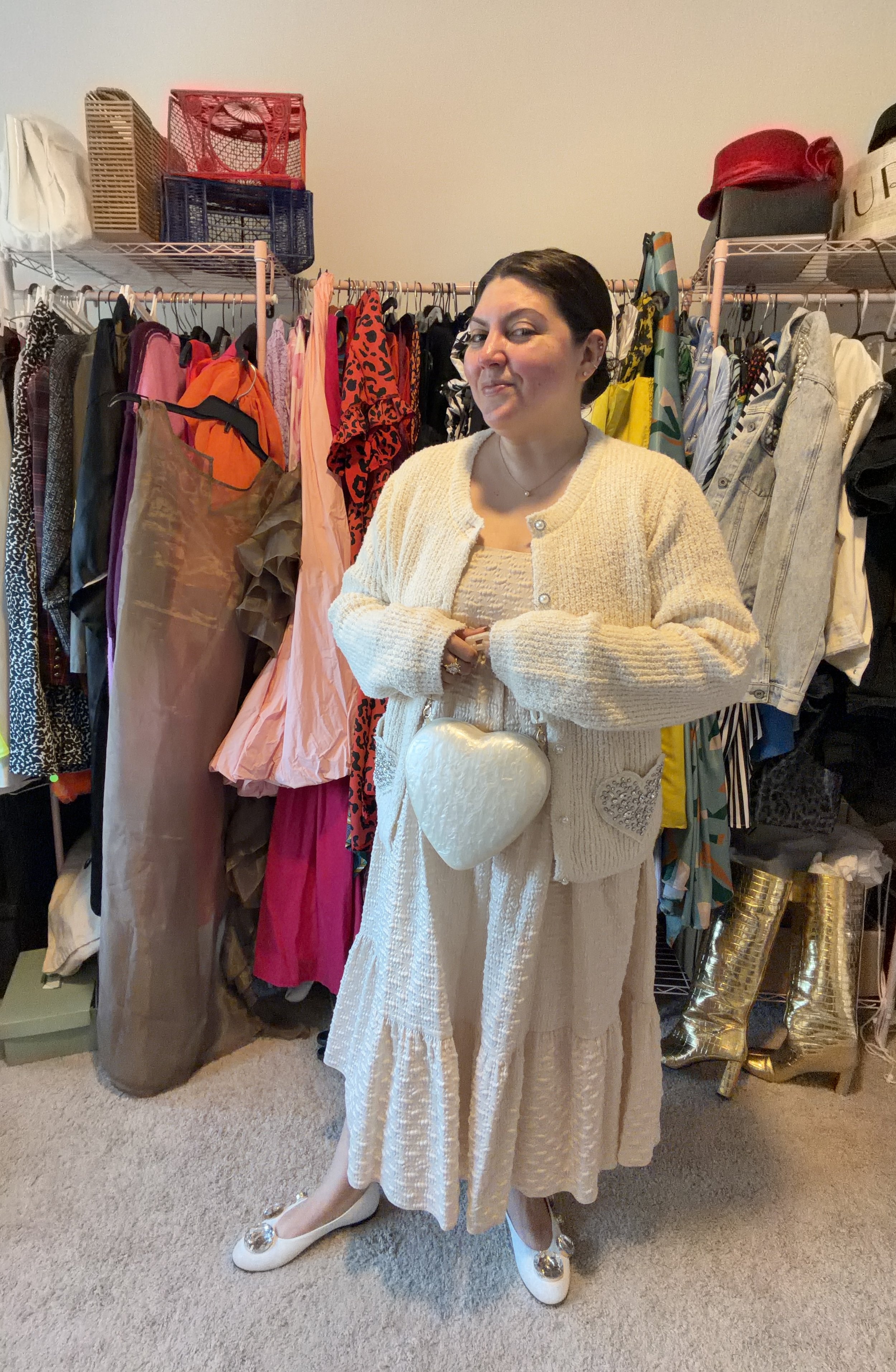 Cream-colored heart sweater and Kika Vargas dress from Target with A New Day heart purse.
