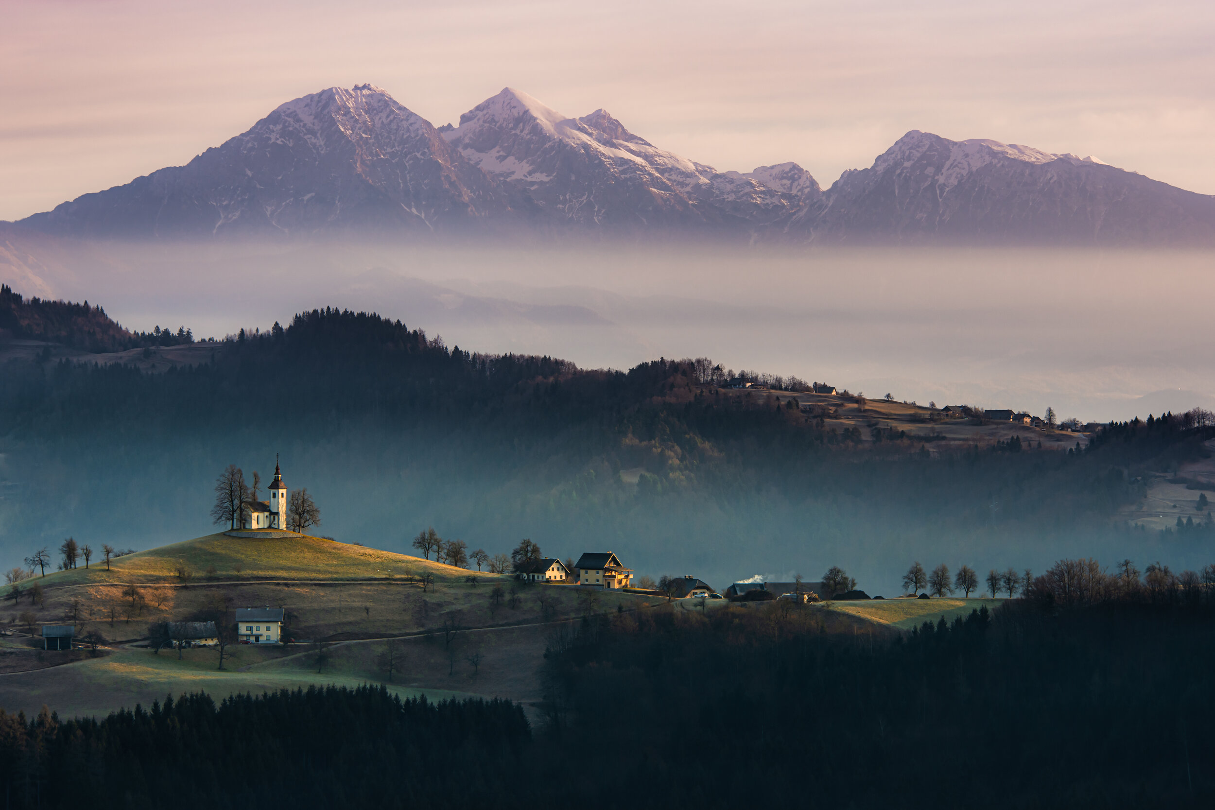 Foggy Morning over St. Thomas Church in Slovenia