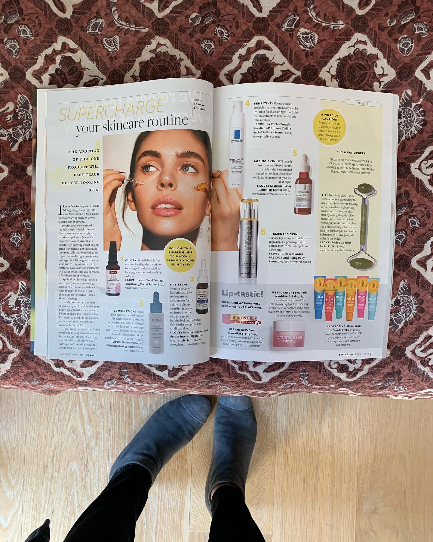 The best serums - for any skin type - plus three fave lip balms in the spring issue of @ladies_golf_aus magazine 🏌🏻&zwj;♀️💋⛳️
.
.
.
.
.
#golfbeauty #ladieswhoplaygolf #skincareroutine #golfforwomen #golf