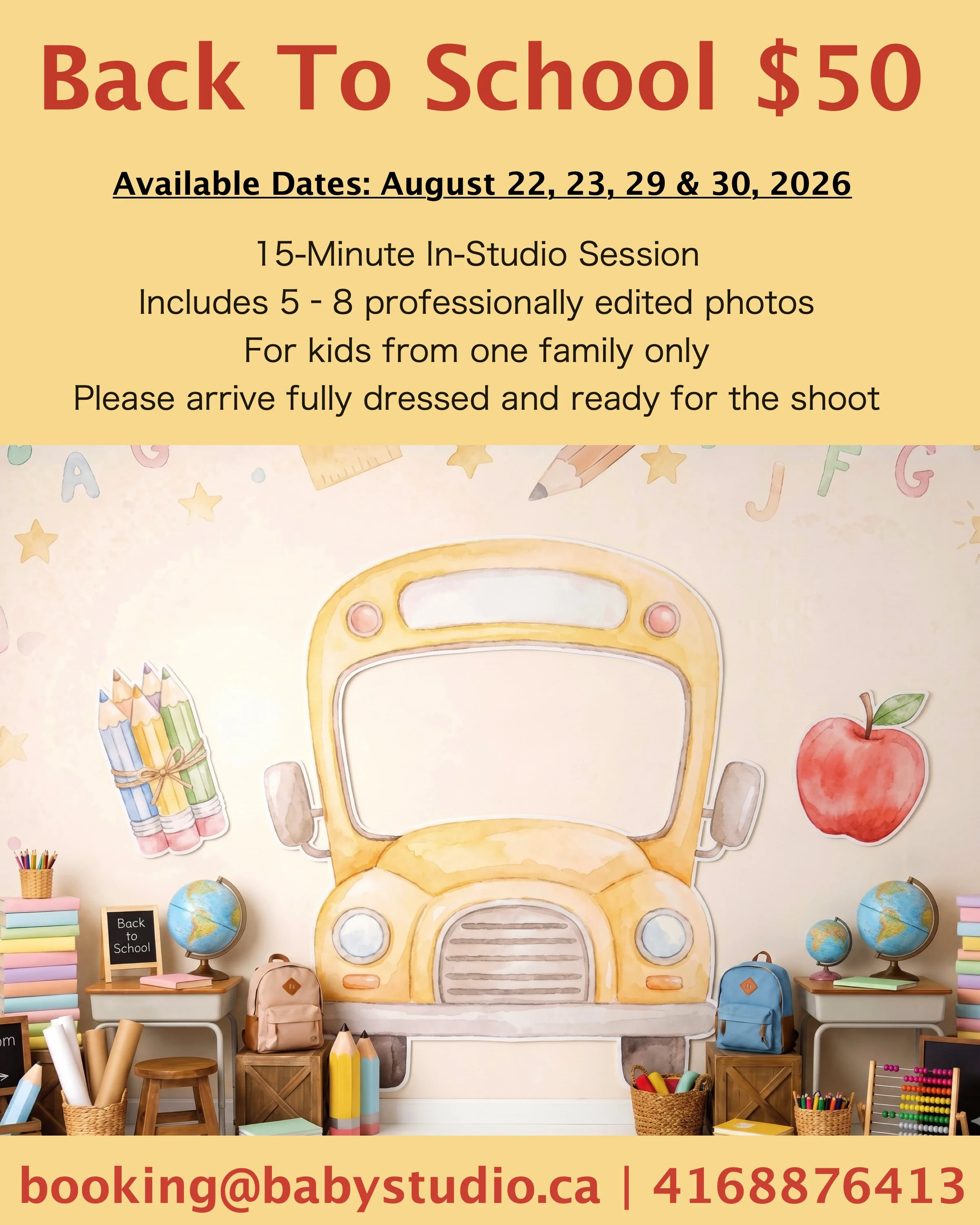 Classroom backdrop with a bus illustration, school supplies, globes, backpacks, and educational decorations, promoting back-to-school photo sessions with pricing and contact information.