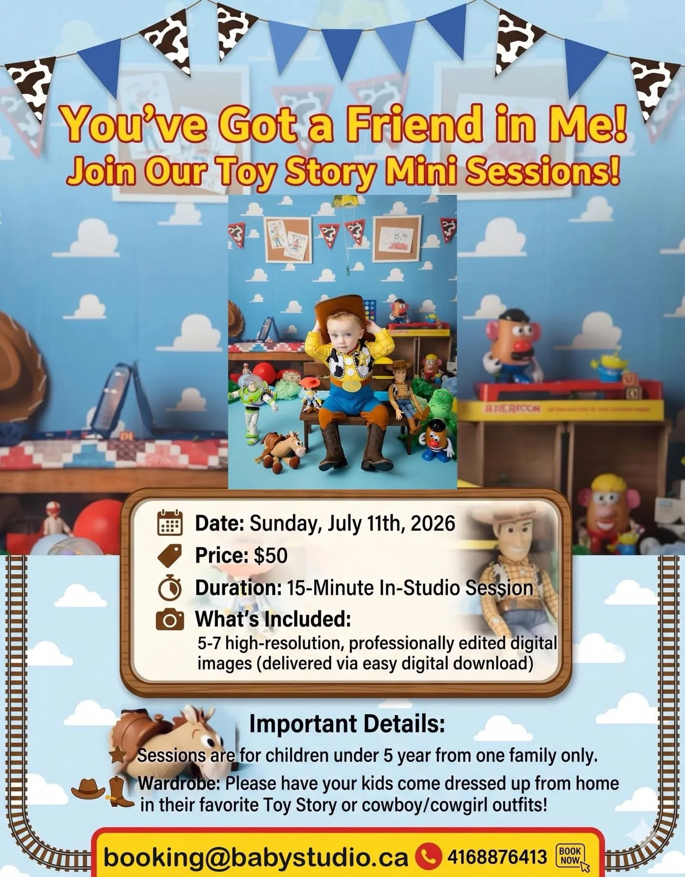 A colorful advertisement for a Toy Story mini session, featuring framed artwork, Toy Story figurines, and a child dressed as a cowboy, with details about the event including date, price, duration, and inclusions, set against a sky-themed background w