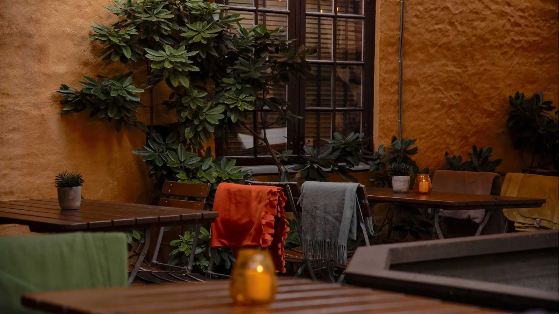 Bord i bakgården til restauranten