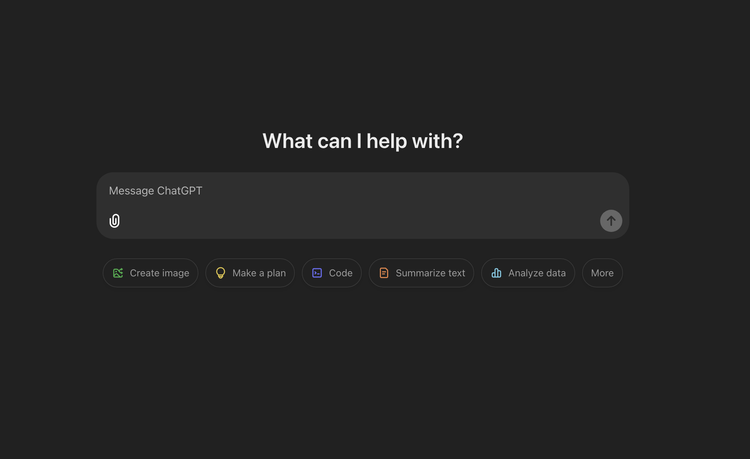 Screenshot of ChatGPT interface with a prompt box and options to create an image, make a plan, code, summarize text, analyze data, and more.