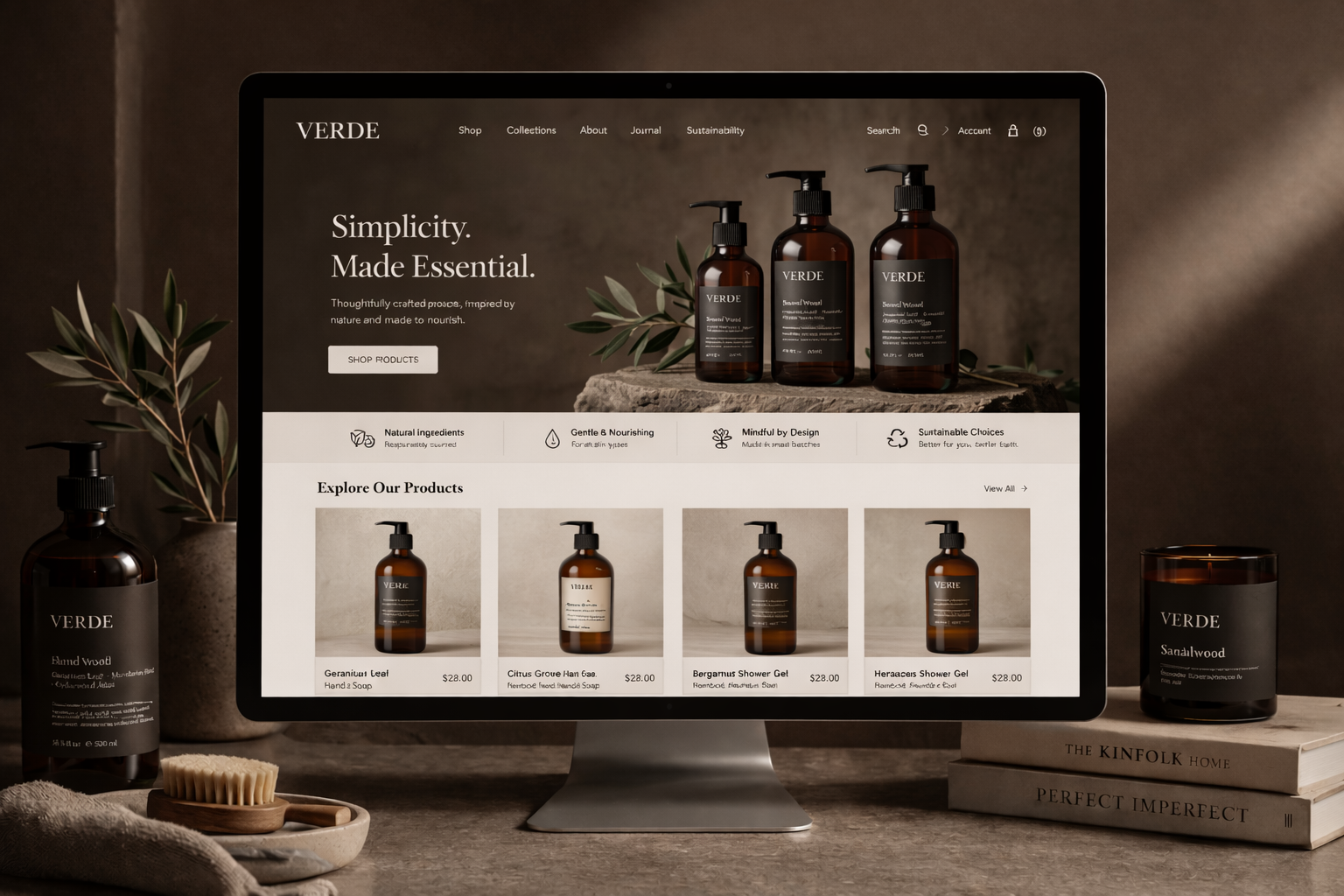 Computer monitor displaying a website for Verde, a skincare or beauty brand.