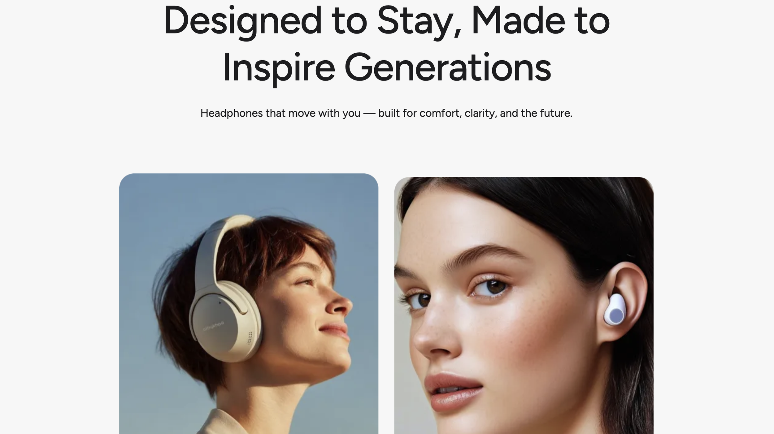 Two women wearing wireless headphones, one outdoors with a blue sky and the other indoors, showcasing modern design and comfort of the headphones.