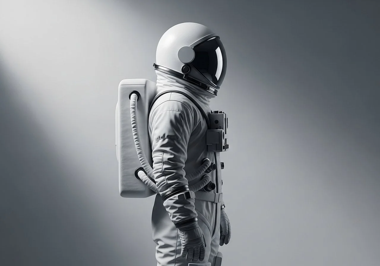 A person in a white space suit and helmet with a reflective visor, standing against a neutral gradient background.