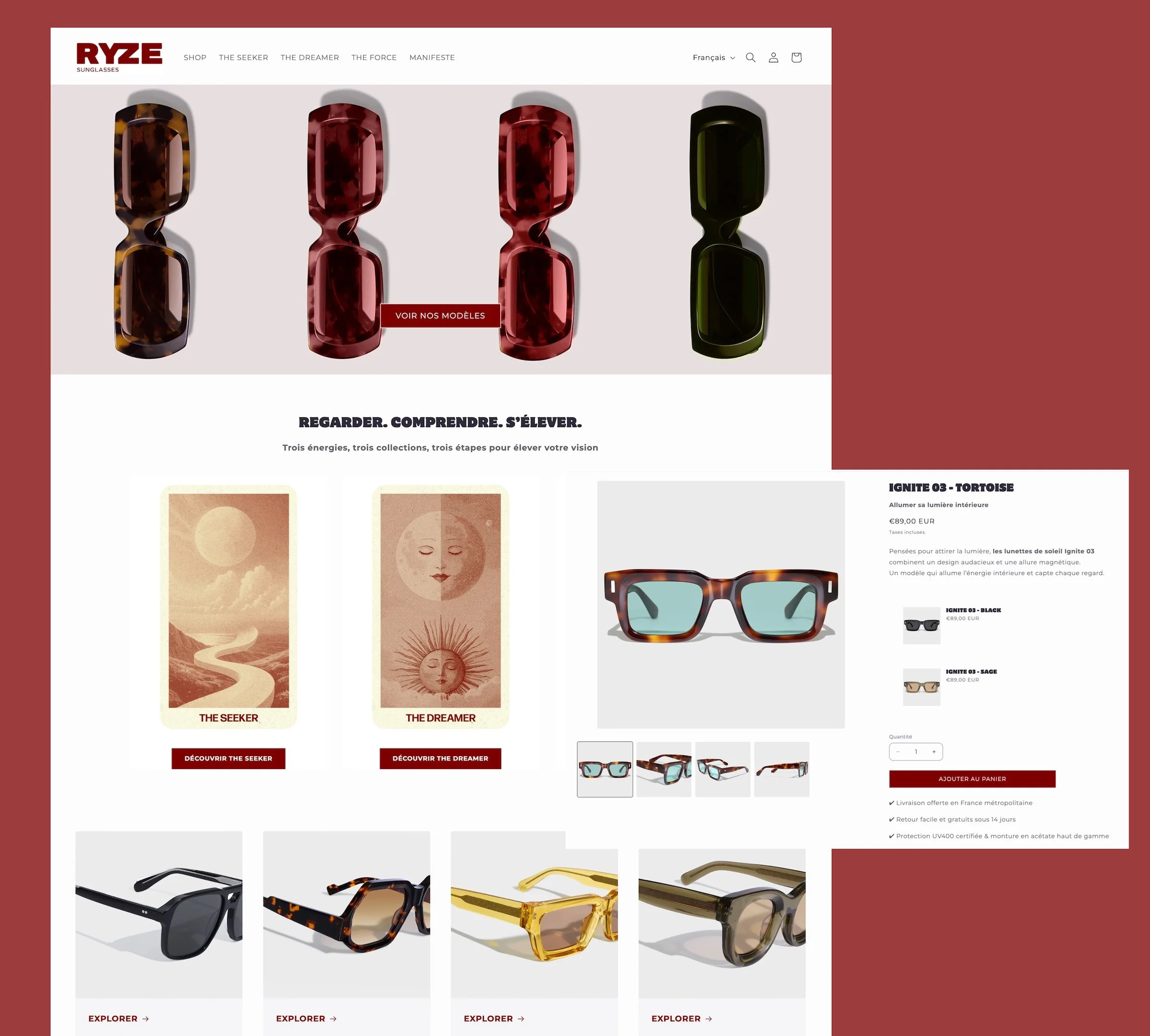 Website displaying a collection of stylish sunglasses in various shapes and colors, with options for different models and a shopping section for purchasing.