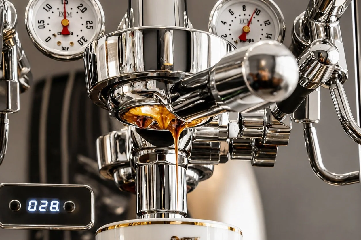 Espressomaschinen-Komponenten aus Edelstahl mit Wasserdampf, Detailfotografie von Kaffeemaschinen-Parts