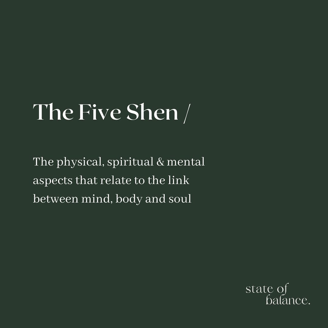 In Traditional Chinese Medicine (TCM), the &quot;Five Shen&quot; refers to five aspects of consciousness associated with specific organs in the body:

* Shen (Heart Spirit): Connected to the Heart, it governs mental clarity and emotional well-being. 