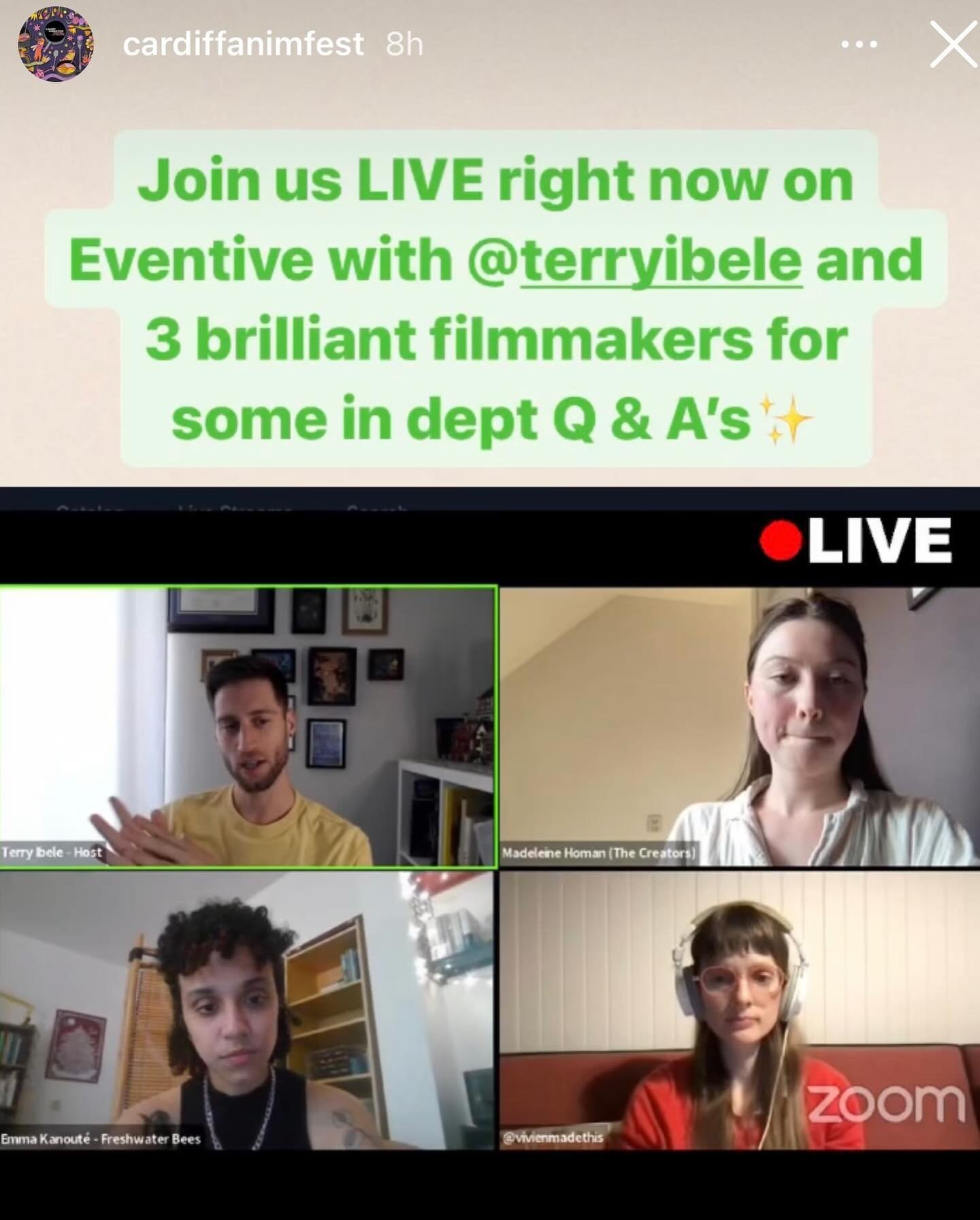 It was lovely to meet super talented animators @emma.kanoute and @madeleinehoman at the online Q&amp;A for @cardiffanimfest last week! Host @terryibele did a great job of hosting. The festival and Terry&rsquo;s cool stop motion work in Canada introdu