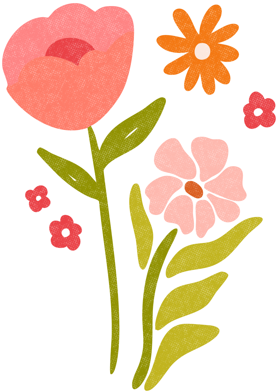 Abstract floral illustration with pink, orange, red, and green colors, featuring stylized flowers and leaves.