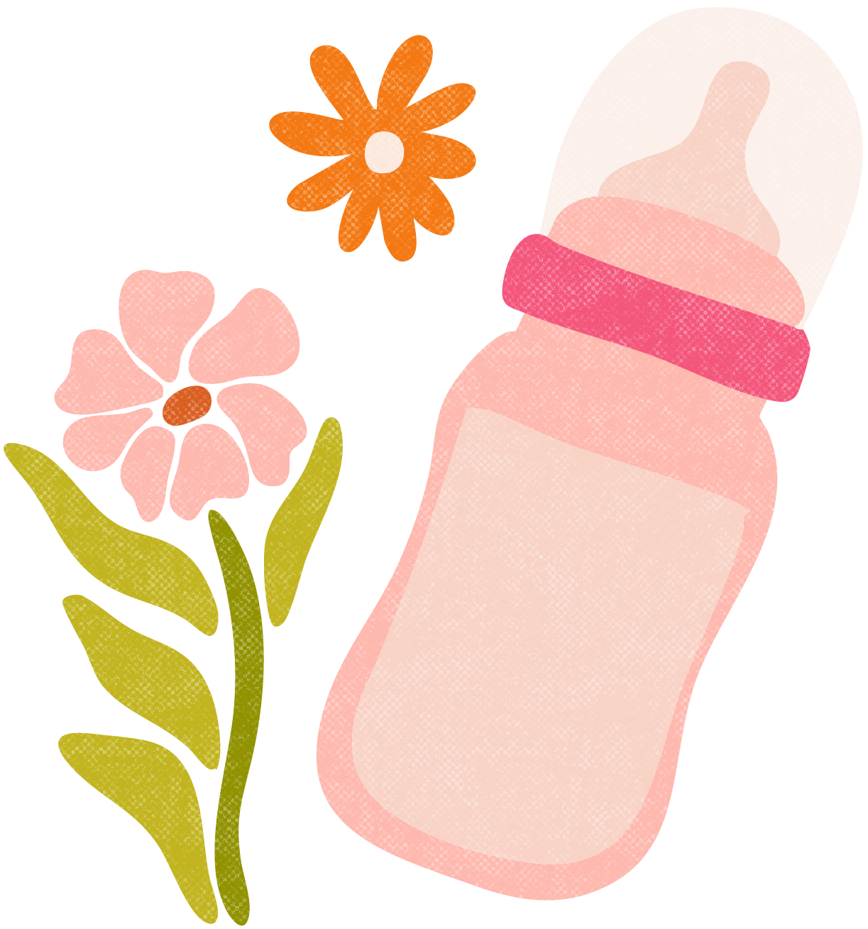Illustration of a baby bottle, a bottle of baby lotion or powder, and a toy flower.