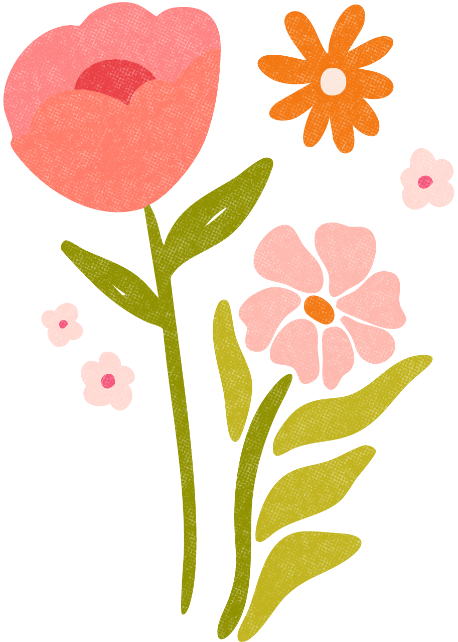 Illustration of a pink tulip, orange daisy, and pink flower with green leaves and stems.