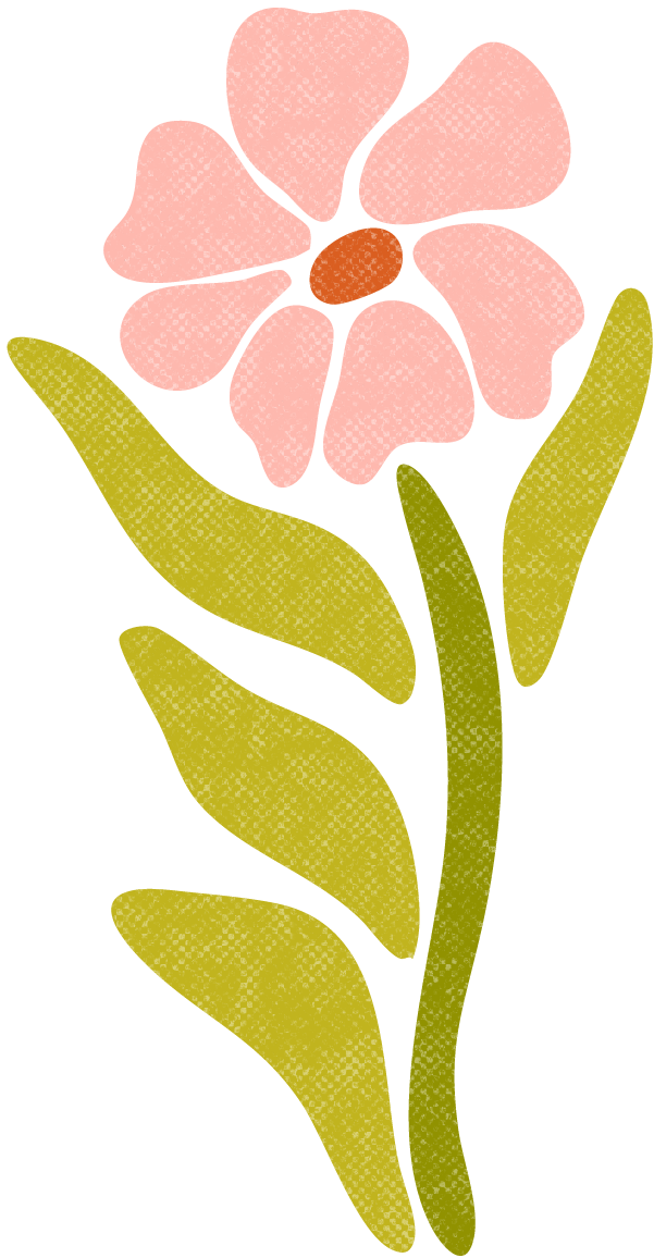 Illustration of a pink flower with green leaves.