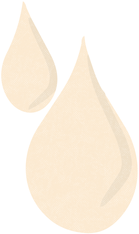 Two beige water droplets, one larger and one smaller, with shadowed highlights indicating a glossy surface.