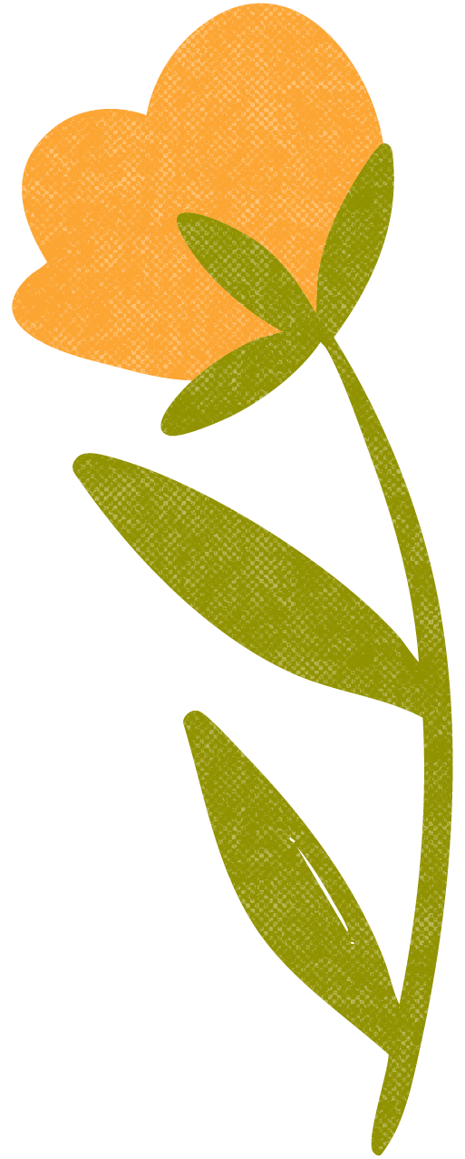 A simple drawing of an orange flower with green leaves and stem.